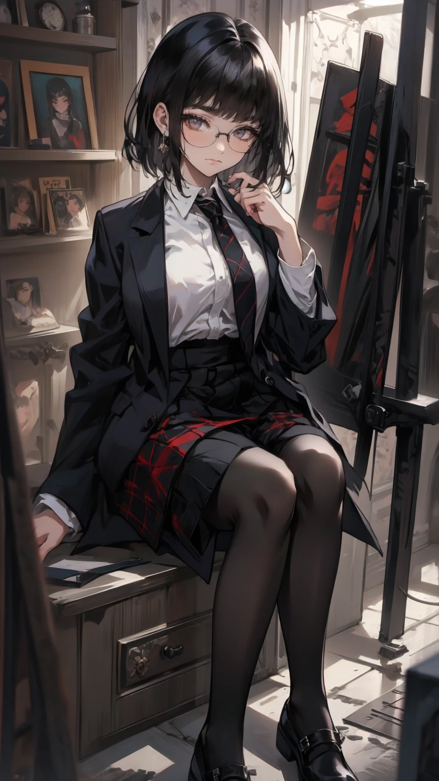 an anime girl with Glasses and a skirt sits on ground and poses, One girl, Alone, skirt, Have, shirt, white shirt, pantyhose, Red eyes, Glasses, Black Hair, shoes, red skirt, Check pattern skirt, View your viewers, Open clothes, Check pattern, collared shirt, , Long sleeve, Mouth closed, Sitting, black pantyhose, indoor, bangs, short hair, Black-rimmed glasses, Brown Jacket, Off the shoulder,Add XL
