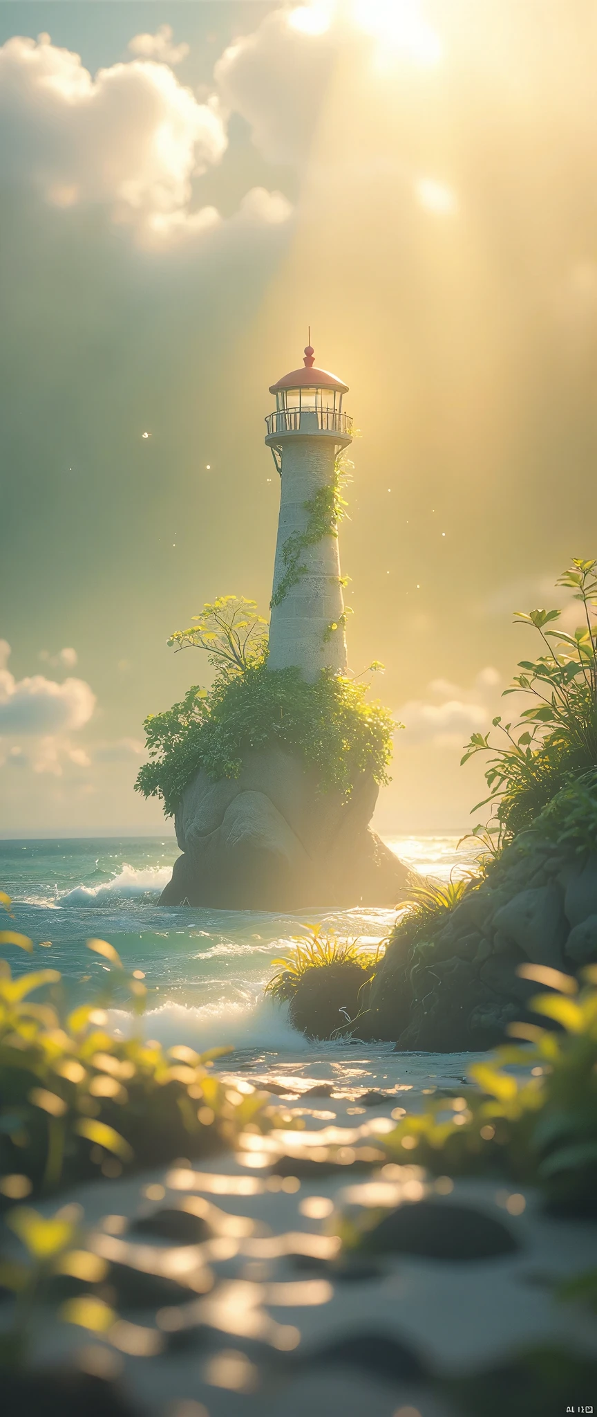 Two companions standing on the balcony of a weathered lighthouse, bathed in the warm glow of a setting sun. The ocean stretches endlessly, its waves gently catching the fading sunlight. One of them places a gentle hand on the other's back, a silent exchange of comfort and connection. The stone of the lighthouse, bathed in gold and orange hues, reflects a sense of timelessness, while seagulls fly far above, silhouetted against the sky.