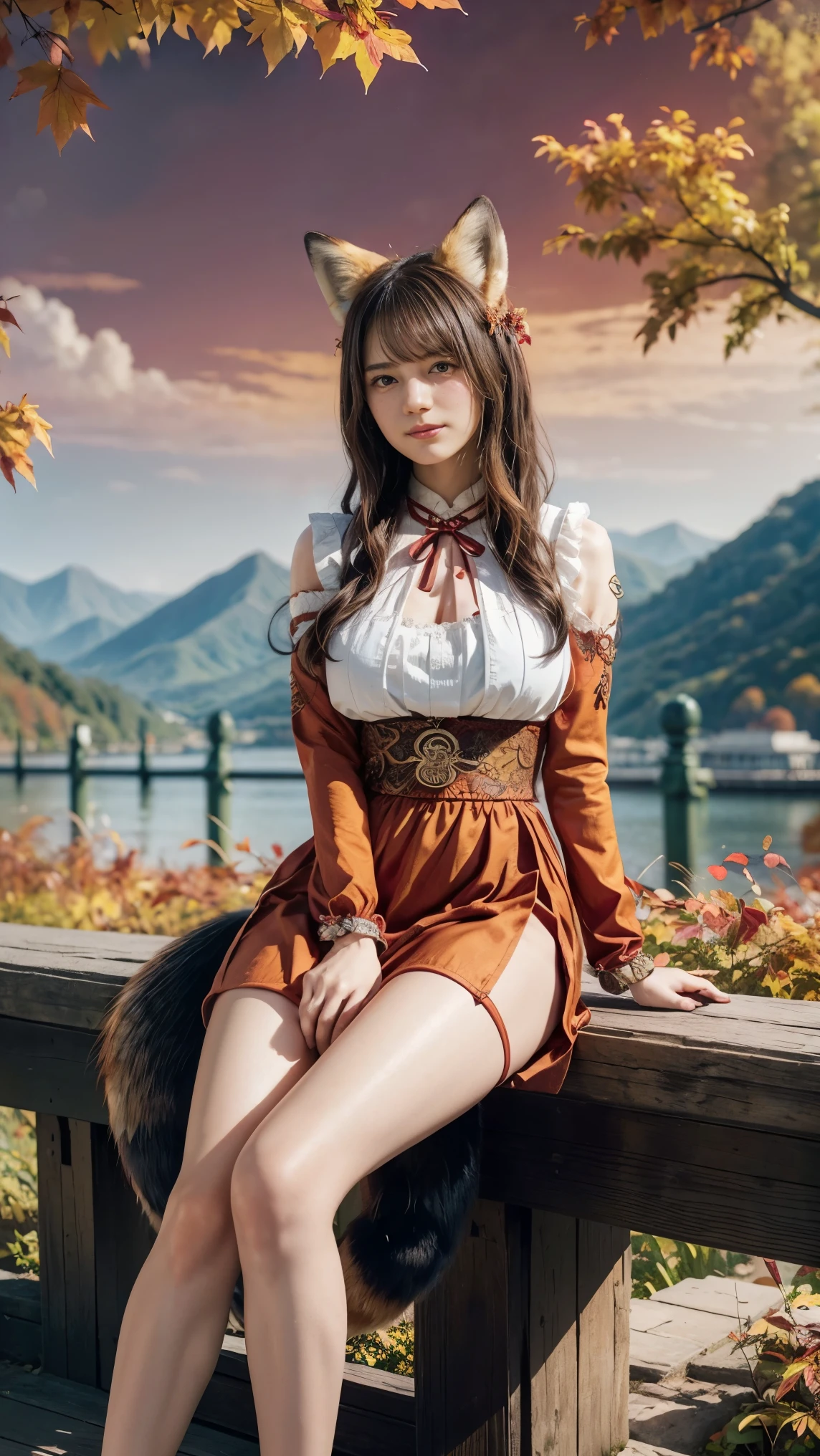 1 fox girl, ruby eyes, fox tail, fox ears, brown hair, chignon, (smile:0.9), (parted lips:0.9), cute, 
china dress, side slit, pelvic curtain, (sandals:0.9), 
sitting on bridge, leaning forward, knee up, 
(autumn leaves:1.1), (crimson stream:0.9), (crimson lighting:1.1), dancing leaves, night, 
sharp focus, looking at viewer, 
(intricate:1.1), (crimson tone:1.1), (brown tone:0.7), (crimson atmosphere:1.1), 
llustration, (anime coloring:1.1), high contrast, 
BREAK (masterpiece:1.2), (best quality:1.2), (very aesthetic:1.2), (absurdres:1.2), (detailed background), newest, ai-generated, (intricate details:1.2), (gigantic tits:1.4), (Fluffy fox tail:1.5)