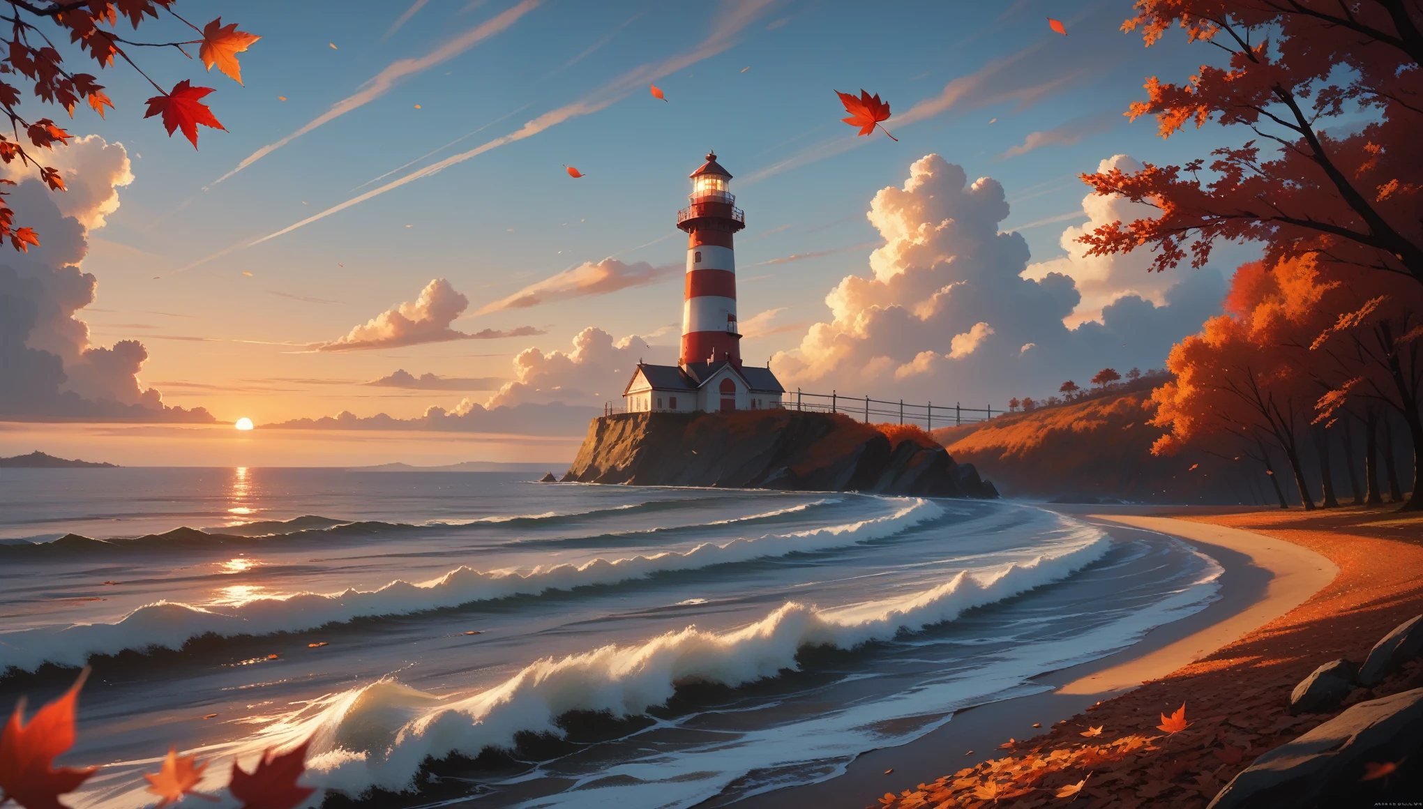 score_9, score_8_up, score_7_up, (masterpiece, best quality, UHD, 8K, 16K, ultra detailed), scenery, 1lighthouse, loneliness, sunset, autumn, (red leaves:1.1), (wind:1.2), [wave], cozy, vibrant color, cinematic composition, diffused light, dramatic ambient