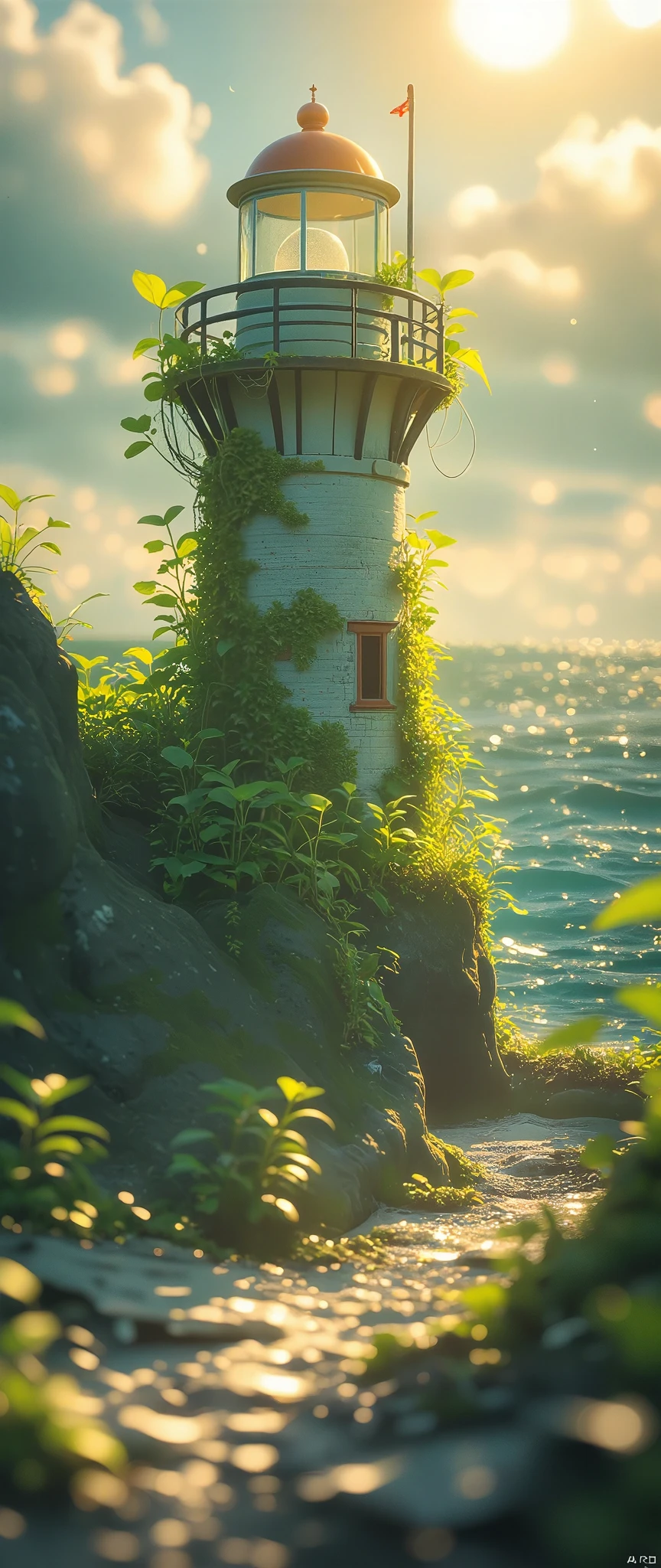 Two companions standing on the balcony of a weathered lighthouse, bathed in the warm glow of a setting sun. The ocean stretches endlessly, its waves gently catching the fading sunlight. One of them places a gentle hand on the other's back, a silent exchange of comfort and connection. The stone of the lighthouse, bathed in gold and orange hues, reflects a sense of timelessness, while seagulls fly far above, silhouetted against the sky.