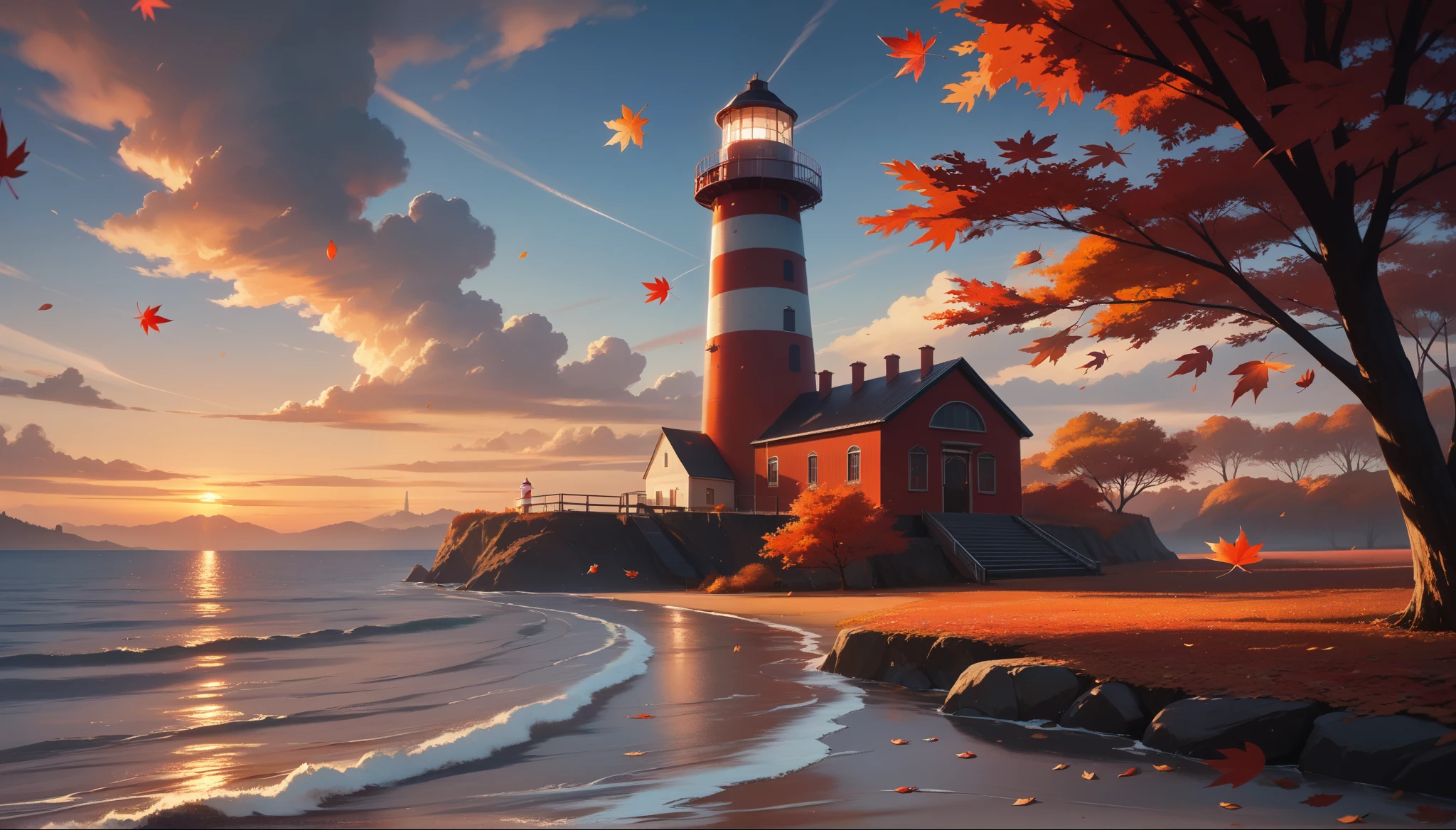 score_9, score_8_up, score_7_up, (masterpiece, best quality, UHD, 8K, 16K, ultra detailed), scenery, 1lighthouse, loneliness, sunset, autumn, (red leaves:1.1), (wind:1.2), [wave], cozy, vibrant color, cinematic composition, diffused light, dramatic ambient