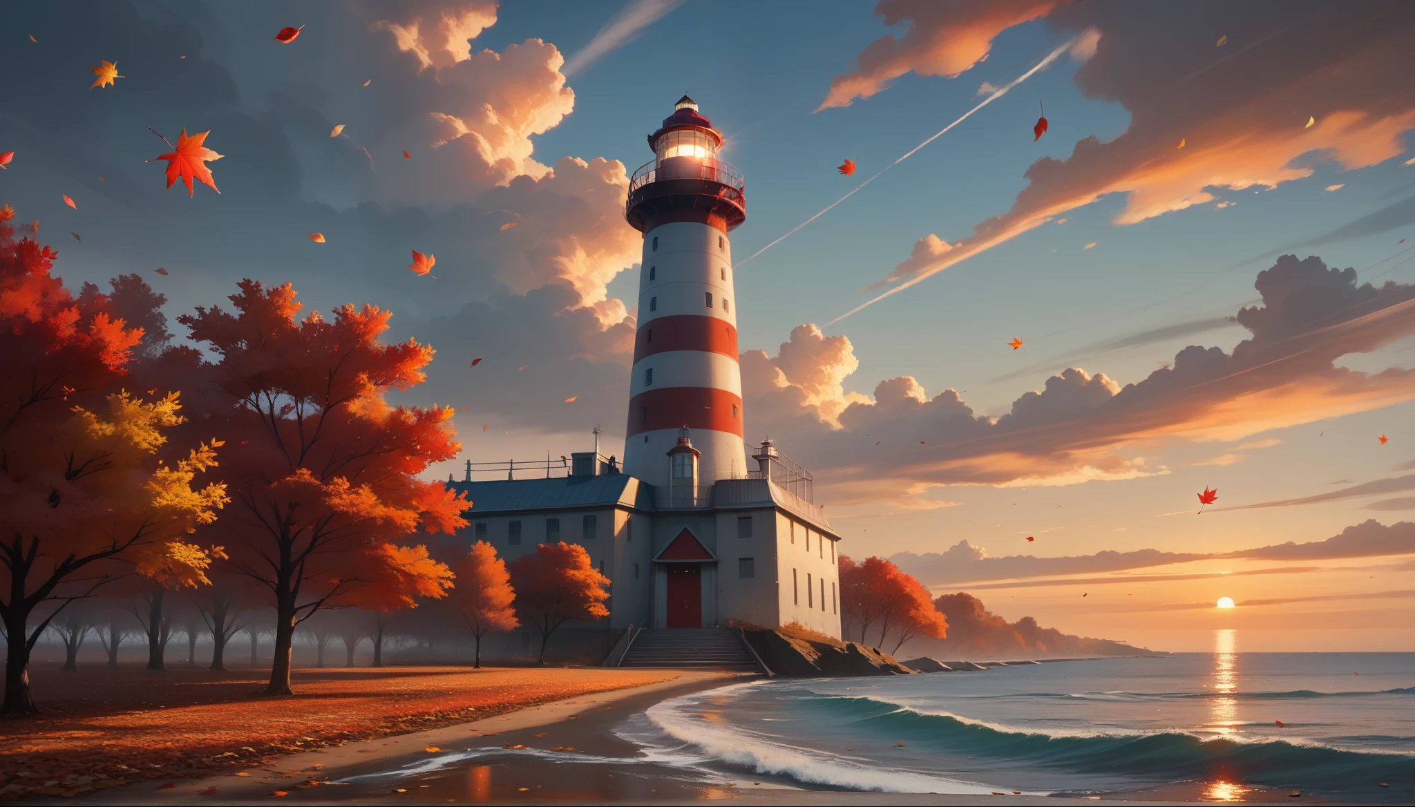 score_9, score_8_up, score_7_up, (masterpiece, best quality, UHD, 8K, 16K, ultra detailed), scenery, 1lighthouse, loneliness, sunset, autumn, (red leaves:1.1), (wind:1.2), [wave], cozy, vibrant color, cinematic composition, diffused light, dramatic ambient