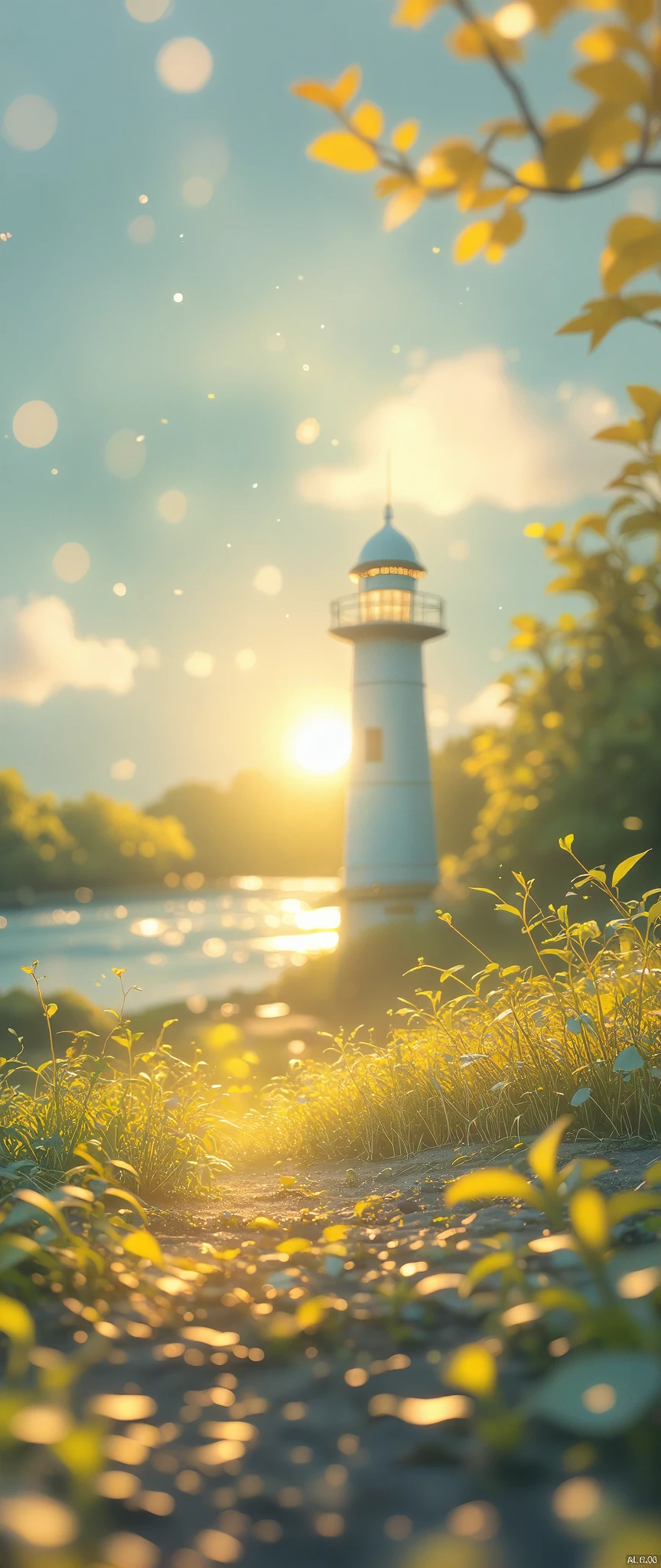 Two companions standing on the balcony of a weathered lighthouse, bathed in the warm glow of a setting sun. The ocean stretches endlessly, its waves gently catching the fading sunlight. One of them places a gentle hand on the other's back, a silent exchange of comfort and connection. The stone of the lighthouse, bathed in gold and orange hues, reflects a sense of timelessness, while seagulls fly far above, silhouetted against the sky.