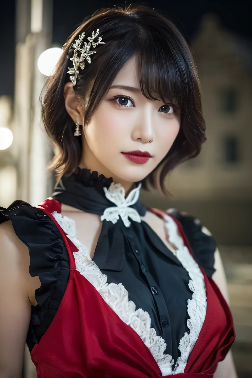 1 girl, (She is wearing a red dress:1.3), (Gothic Makeup), Portrait of an adorable Japanese symphonic metal singer, (RAW Photo Best Quality), (Realistic, Realistic:1.4), (masterpiece), 
But delicate and beautiful, Very detailed, 2k wallpaper, wonderful, finely, Very detailed CG Unity 8K wallpaper, Very detailed, High resolution, Soft light, 
Beautiful detailed girl, Very detailed目と顔, A beautiful and elegant nose, Beautiful Beautiful Eyes, Cinema Lighting, 
(彼女はnightのヨーロッパの中世の廃墟の町で用を足すためにしゃがむ:1.3), (Stone Building, Stone Path:1.4), (night:1.4), (Girl full body silhouette:1.2), (Dark screen:1.5), (I am so lonely), 
(short hair), (Messy Hair), (Indigo Color Scheme),
Perfect Anatomy, Slender body, Small breasts