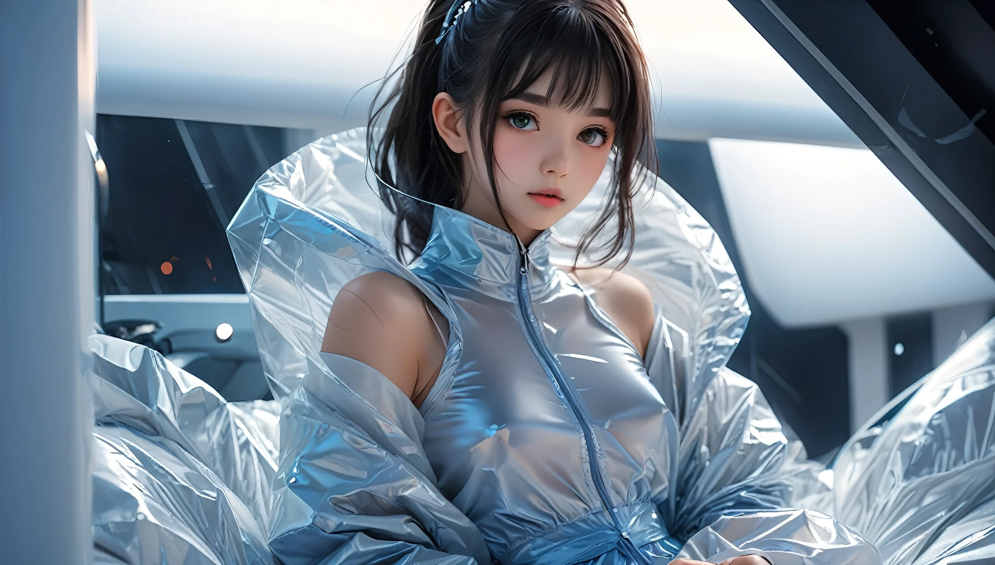 Top Quality, Masterpiece, High Resolution, 8k, wide objective, full body shot, (((skinny cute japanese girl, barely legal, age 14), (oversized silky see-through puffer jacket with plunging Neckline, off-shoulder, short sleeves), mediumperky breasts, extremely detailed face, detailed eyes, thin eyebrow, detailed lips, no makeup, long slick ponytail side shaved hair, small hips, (in a spaceship, on a bed), dim light, dramatic and neon colors, futuristic setting, intricate details, at night, random pose, random neon colors))