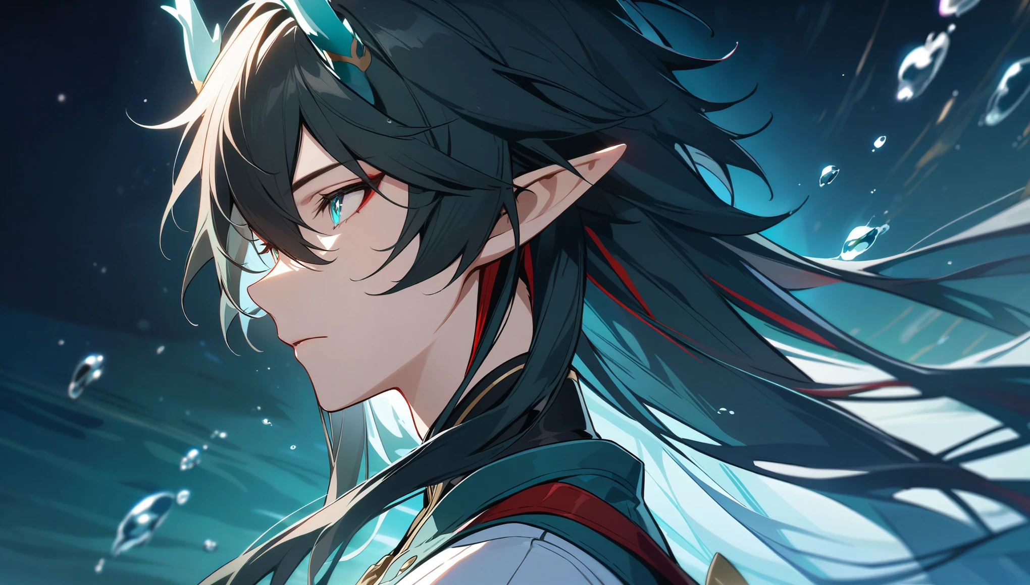 1boy, dan heng, imbibitor lunae, dan heng IL, honkai star rail, elf ears, long hair, black hair, horns, underwater, dark green background, hd eyes, close up, dynamic angle, facing left, (beautiful and aesthetic:1. 5), best quality, high quality,  super detail, best quality, ultra-detailed,dynamic lighting, HD,