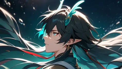 1boy, dan heng, imbibitor lunae, dan heng il, honkai star rail, elf ears, long hair, black hair, horns, underwater, dark green b...