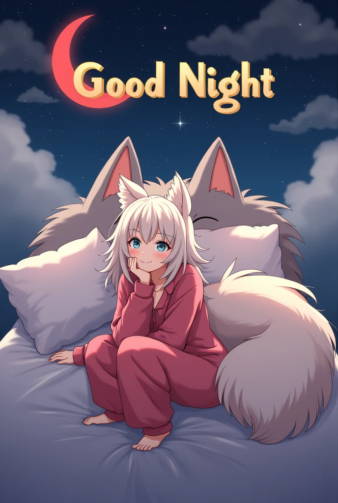 A young anthro wolf lady lying on a huge wolf themed bed with soft pillows. She is wearing red pj's , the bright  sky is filled with stars and a crescent red moon,smilling and plying white cloud The anthro wolf lady is resting her chin on her hand and is looking off into the distance .read word "good night" gold bold font.