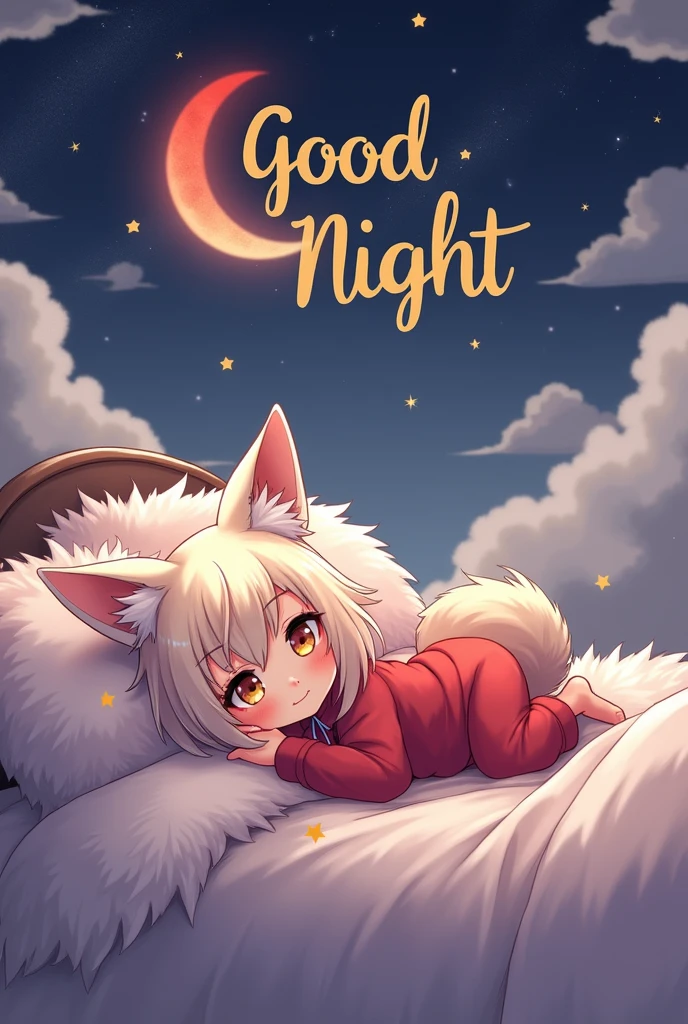 A young anthro wolf lady lying on a huge wolf themed bed with soft pillows. She is wearing red pj's , the bright  sky is filled with stars and a crescent red moon,smilling and plying white cloud The anthro wolf lady is resting her chin on her hand and is looking off into the distance .read word "good night" gold bold font.