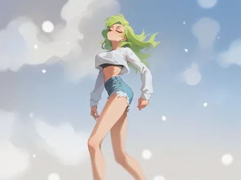 Masterpiece , Excellent quality , high resolution , 1 woman , Long green Hair , White shirt , Jean Shorts , abdomen , big breasts , Long legs , dancing 