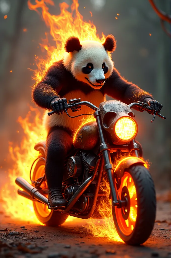 Draw me a picture of a panda turning into a flaming skull with his head on fire riding a skull motor with spinning wheels on fire burning flames