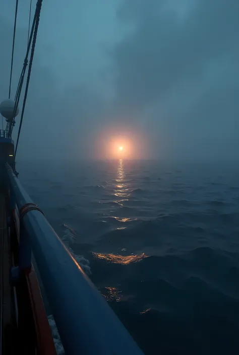 View from the deck of the ship, A tiny light seen far away, On the ocean shrouded in fog, A strong and vivid light floating on the surface of the ocean at night