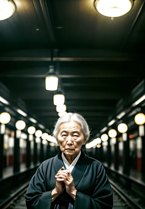 modern,professional portrait of an older japanese woman, gray hair, modern japanese station platform, white eyes, ショック512 メジロan ...