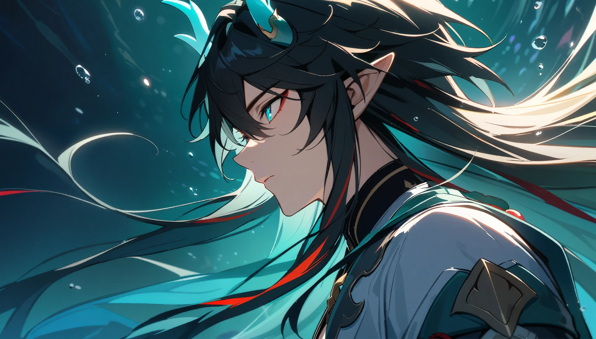 1boy, dan heng, imbibitor lunae, dan heng IL, honkai star rail, elf ears, long hair, black hair, horns, underwater, dark green background, hd eyes, close up, dynamic angle, facing left, (beautiful and aesthetic:1. 5), best quality, high quality,  super detail, best quality, ultra-detailed,dynamic lighting, HD,