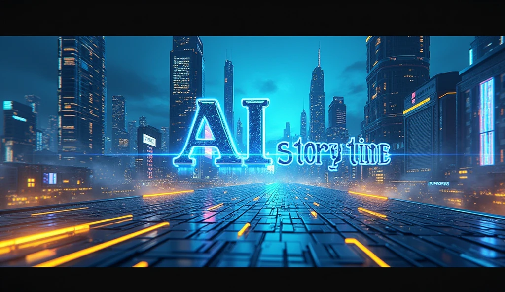 Bright blue and yellow colors in cyberpunk style, fantasy, banner for YouTube channel :  AI StoryTime, Inscription : AI StoryTime, visible on all devices