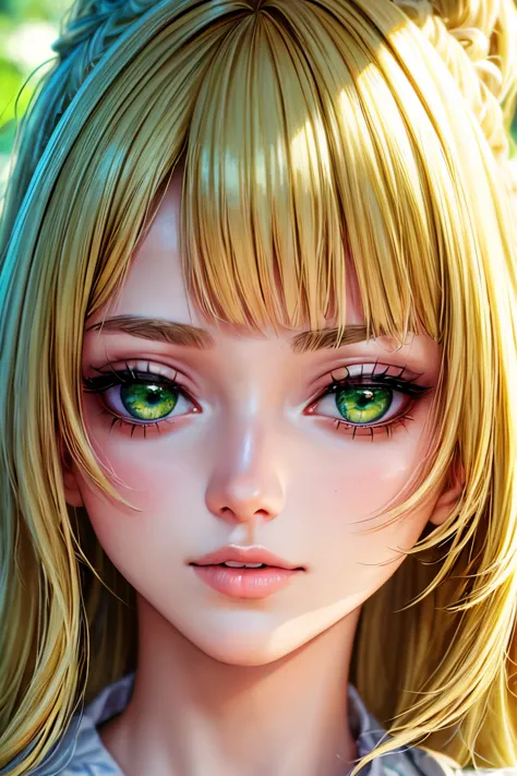 a blonde woman with green eyes, posing confidently for the camera, vibrant anime style, (best quality, 4k, high resolution, mast...