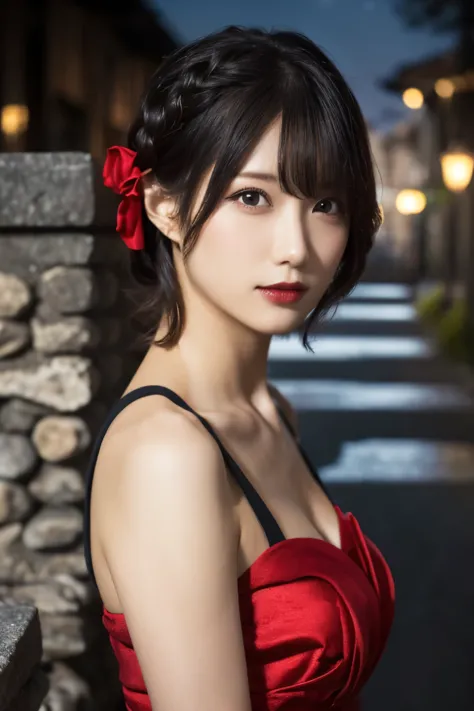 1 girl, (she is wearing a red dress:1.3), (gothic makeup), portrait of an adorable japanese symphonic metal singer, (raw photo b...