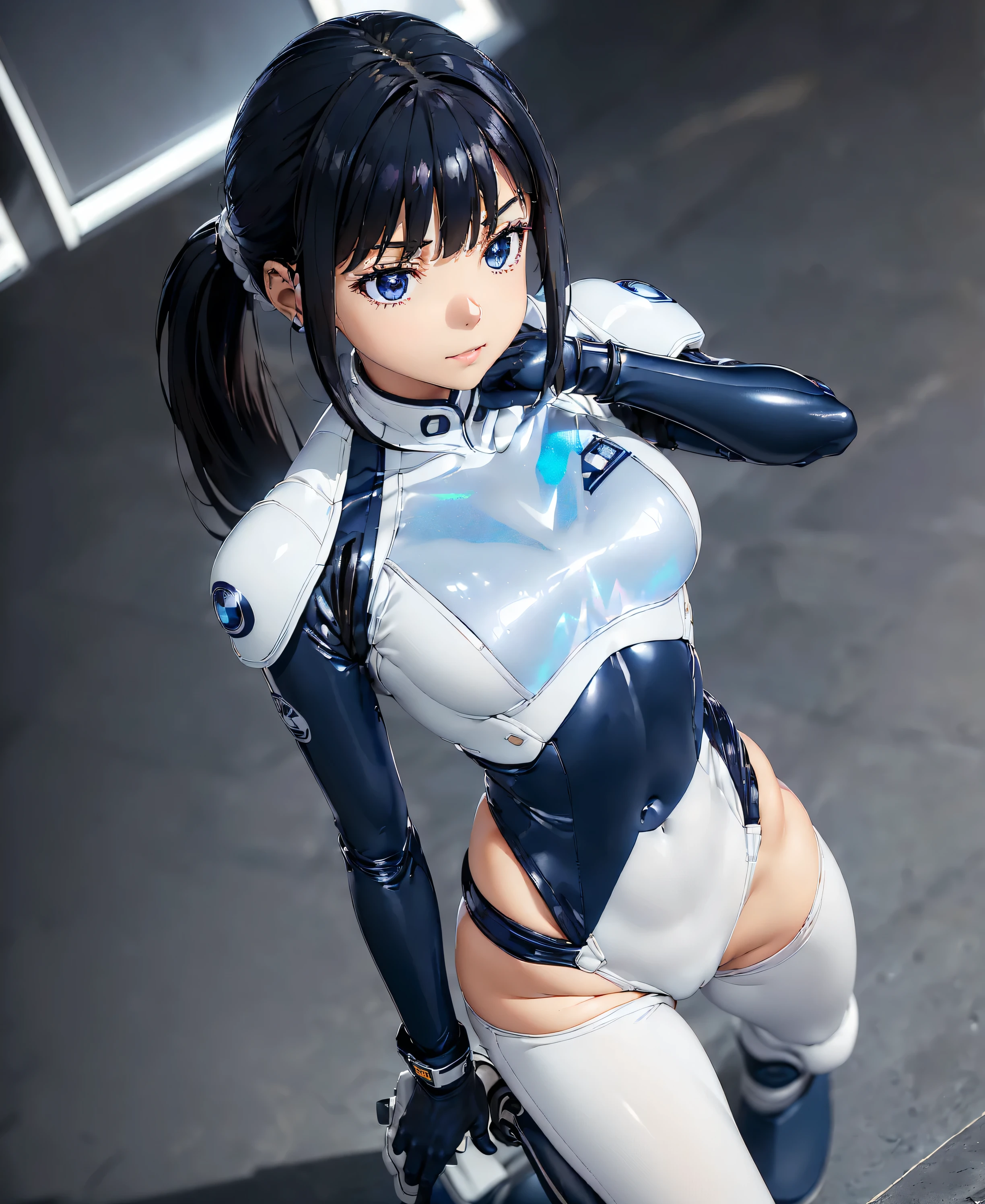 ((Holographic glow effect)),(masterpiece,Best Quality,Highest Resolution,Clear_image,Detailed details,The angle is from above): (solo,A girl alone,Japanese Faces,High knot ponytail,Dark blue hair girl,Small breasts,(Perfect body:1.4),Sparkling blue eyes,(White and navy blue pilot suit,White and navy blue zero suit,White and navy bodysuit,White and navy tight-fitting clothing,Wear full white and navy blue cover,White and navy thigh-covering pants,White and navy shoulder cover outfit,White and navy cropped jacket,White and navy shiny clothes,White and navy tight-fitting pants that hide the legs,Armor to hide the chest,Hide your shoulders),Very delicate and beautiful,Detailed Skin,Slim body,Exoskeleton,Cute,A gentle smile,Soft expression,heroine,White and navy blue long boots,Elbow-length gloves),Mirror-polished floor,inoue takina,cockpit,Mecha,mechanical body,Fantasy,ROMANCE,CIENTIFCA,TEEROR,COMICS,NFWS,hero,JK,Kneel