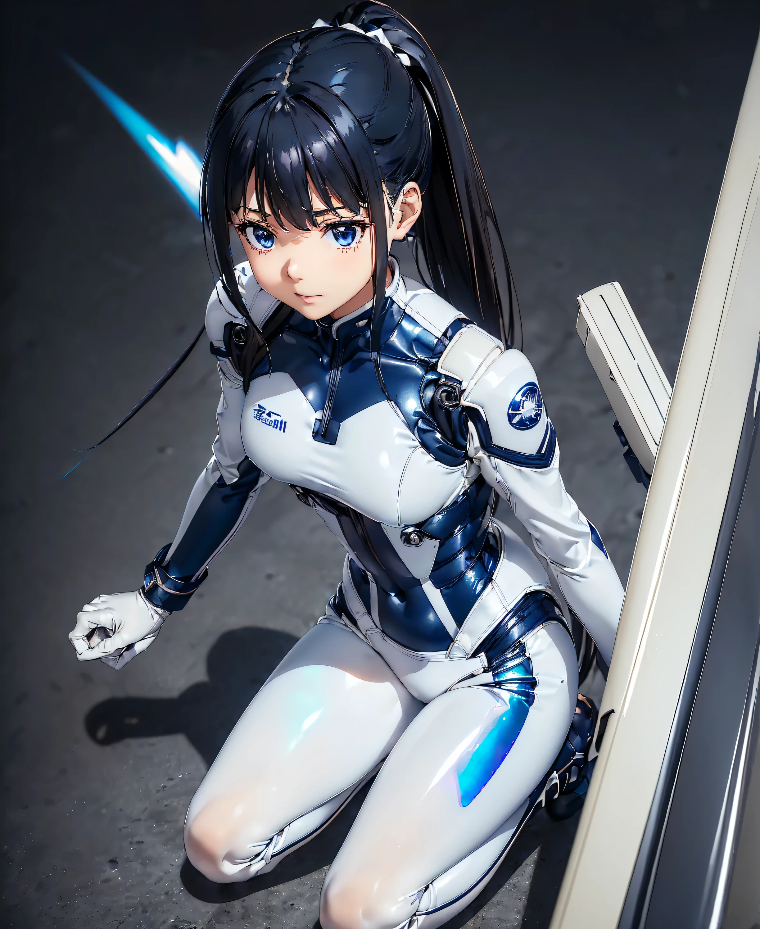 ((Holographic glow effect)),(masterpiece,Best Quality,Highest Resolution,Clear_image,Detailed details,The angle is from above): (solo,A girl alone,Japanese Faces,High knot ponytail,Dark blue hair girl,Small breasts,(Perfect body:1.4),Sparkling blue eyes,(White and navy blue pilot suit,White and navy blue zero suit,White and navy bodysuit,White and navy tight-fitting clothing,Wear full white and navy blue cover,White and navy thigh-covering pants,White and navy shoulder cover outfit,White and navy cropped jacket,White and navy shiny clothes,White and navy tight-fitting pants that hide the legs,Armor to hide the chest,Hide your shoulders),Very delicate and beautiful,Detailed Skin,Slim body,Exoskeleton,Cute,A gentle smile,Soft expression,heroine,White and navy blue long boots,Elbow-length gloves),Mirror-polished floor,inoue takina,cockpit,Mecha,mechanical body,Fantasy,ROMANCE,CIENTIFCA,TEEROR,COMICS,NFWS,hero,JK,Kneel