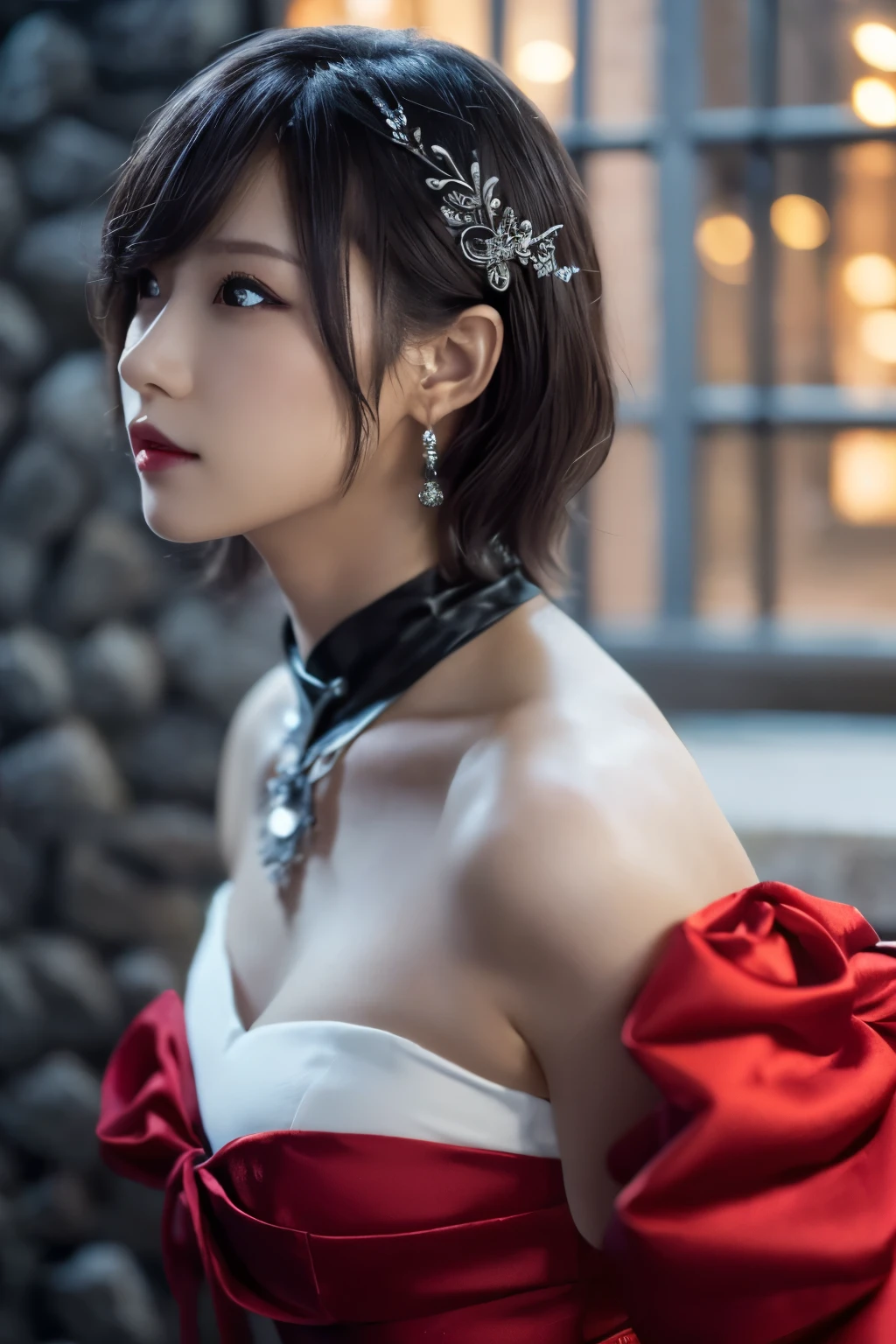 1 girl, (She is wearing a red dress:1.3), (Gothic Makeup), Portrait of an adorable Japanese symphonic metal singer, (RAW Photo Best Quality), (Realistic, Realistic:1.4), (masterpiece), 
But delicate and beautiful, Very detailed, 2k wallpaper, wonderful, finely, Very detailed CG Unity 8K wallpaper, Very detailed, High resolution, Soft light, 
Beautiful detailed girl, Very detailed目と顔, A beautiful and elegant nose, Beautiful Beautiful Eyes, Cinema Lighting, 
(彼女はnightのヨーロッパの中世の廃墟の町で用を足すためにしゃがむ:1.4), (Stone Building, Stone Path:1.4), (night:1.4), (Girl full body silhouette:1.2), (Dark screen:1.5), (I am so lonely), 
(short hair), (Messy Hair), (Indigo Color Scheme),
Perfect Anatomy, Slender body, Small breasts