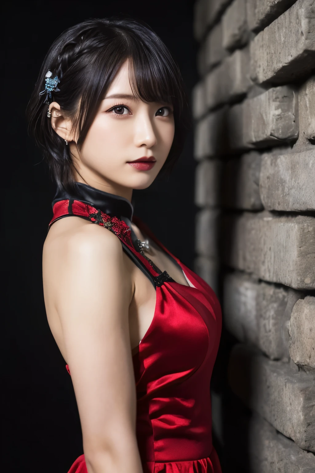 1 girl, (She is wearing a red dress:1.3), (Gothic Makeup), Portrait of an adorable Japanese symphonic metal singer, (RAW Photo Best Quality), (Realistic, Realistic:1.4), (masterpiece), 
But delicate and beautiful, Very detailed, 2k wallpaper, wonderful, finely, Very detailed CG Unity 8K wallpaper, Very detailed, High resolution, Soft light, 
Beautiful detailed girl, Very detailed目と顔, A beautiful and elegant nose, Beautiful Beautiful Eyes, Cinema Lighting, 
(彼女はnightのヨーロッパの中世の廃墟の町で用を足すためにしゃがむ:1.4), (Stone Building, Stone Path:1.4), (night:1.4), (Girl full body silhouette:1.2), (Dark screen:1.5), (I am so lonely), 
(short hair), (Messy Hair), (Indigo Color Scheme),
Perfect Anatomy, Slender body, Small breasts