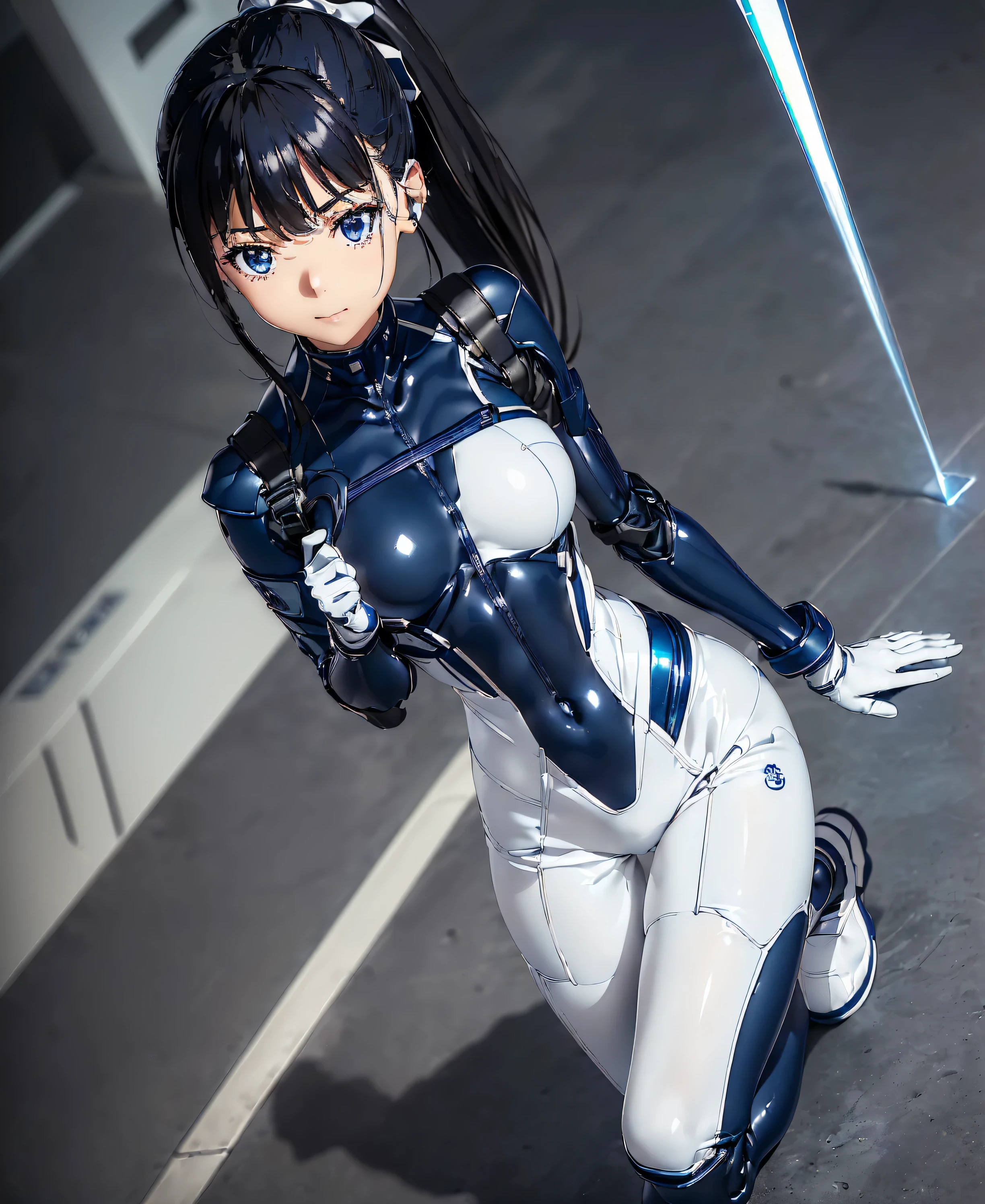 ((Holographic glow effect)),(masterpiece,Best Quality,Highest Resolution,Clear_image,Detailed details,The angle is from above): (solo,A girl alone,Japanese Faces,High knot ponytail,Dark blue hair girl,Small breasts,(Perfect body:1.4),Sparkling blue eyes,(White and navy blue pilot suit,White and navy blue zero suit,White and navy bodysuit,White and navy tight-fitting clothing,Wear full white and navy blue cover,White and navy thigh-covering pants,White and navy shoulder cover outfit,White and navy cropped jacket,White and navy shiny clothes,White and navy tight-fitting pants that hide the legs,Armor to hide the chest,Hide your shoulders),Very delicate and beautiful,Detailed Skin,Slim body,Exoskeleton,Cute,A gentle smile,Soft expression,heroine,White and navy blue long boots,Elbow-length gloves),Mirror-polished floor,inoue takina,cockpit,Mecha,mechanical body,Fantasy,ROMANCE,CIENTIFCA,TEEROR,COMICS,NFWS,hero,JK,Kneel