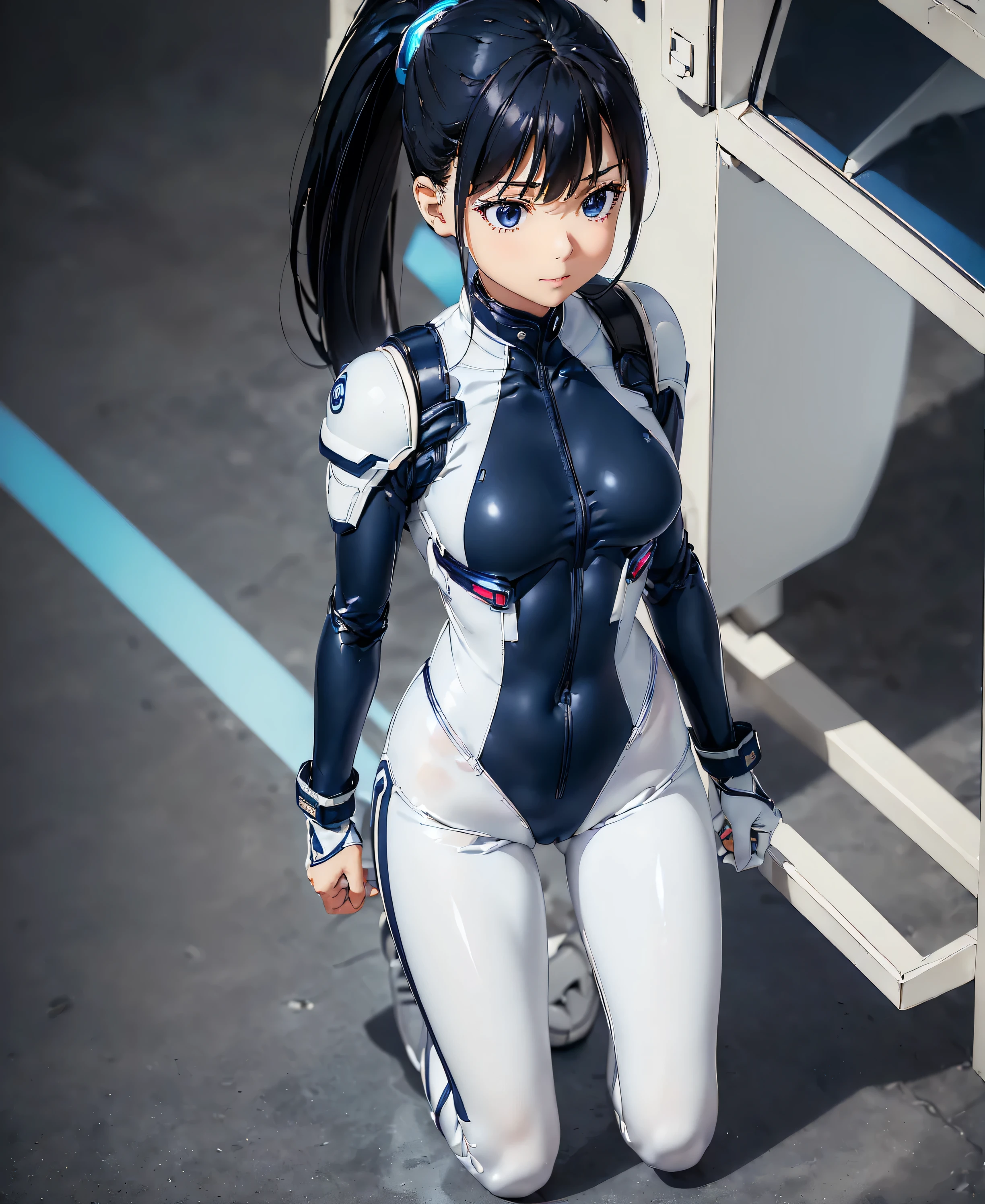 ((Holographic glow effect)),(masterpiece,Best Quality,Highest Resolution,Clear_image,Detailed details,The angle is from above): (solo,A girl alone,Japanese Faces,High knot ponytail,Dark blue hair girl,Small breasts,(Perfect body:1.4),Sparkling blue eyes,(White and navy blue pilot suit,White and navy blue zero suit,White and navy bodysuit,White and navy tight-fitting clothing,Wear full white and navy blue cover,White and navy thigh-covering pants,White and navy shoulder cover outfit,White and navy cropped jacket,White and navy shiny clothes,White and navy tight-fitting pants that hide the legs,Armor to hide the chest,Hide your shoulders),Very delicate and beautiful,Detailed Skin,Slim body,Exoskeleton,Cute,A gentle smile,Soft expression,heroine,White and navy blue long boots,Elbow-length gloves),Mirror-polished floor,inoue takina,cockpit,Mecha,mechanical body,Fantasy,ROMANCE,CIENTIFCA,TEEROR,COMICS,NFWS,hero,JK,Kneel