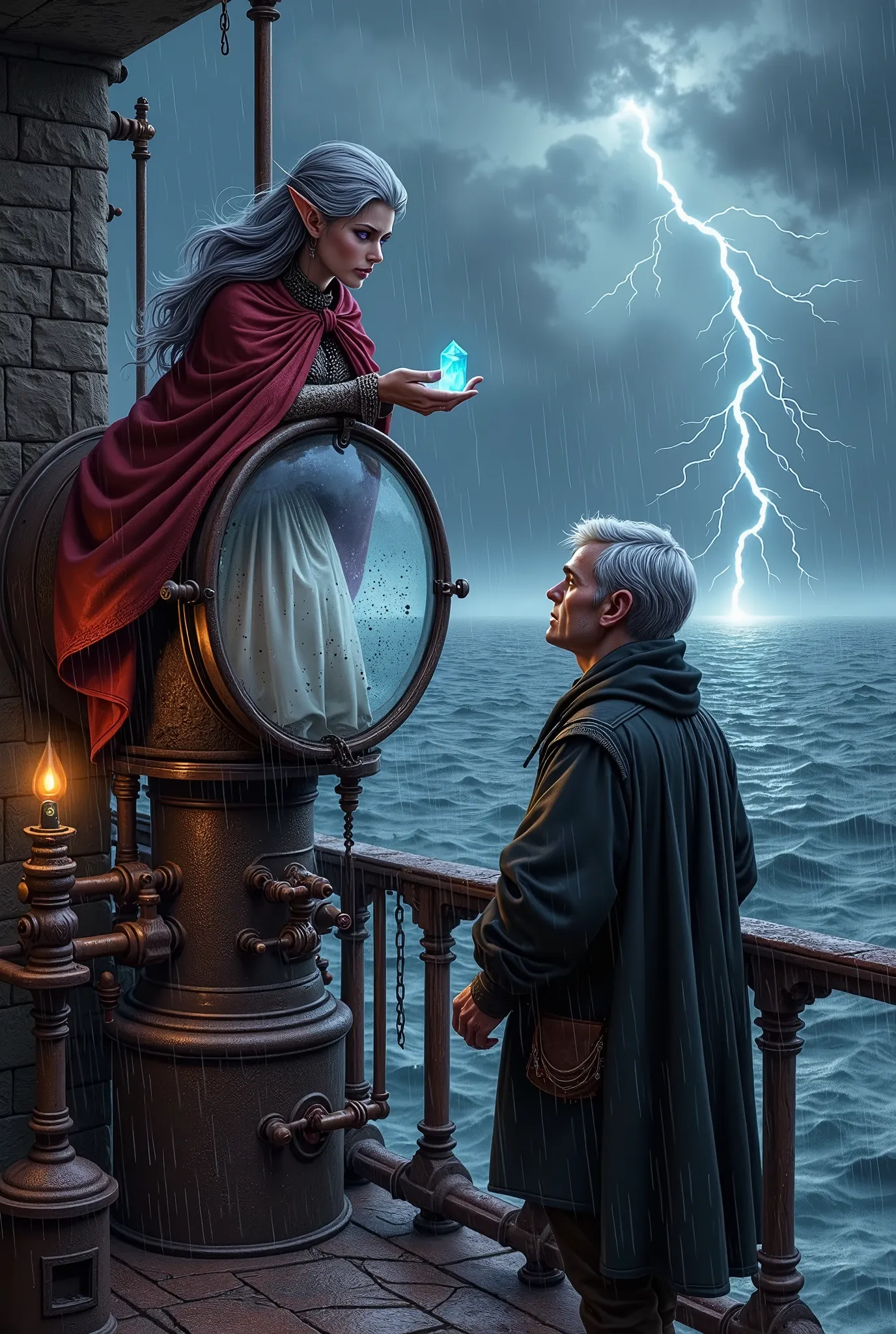 (Ultra-detailed face, Looking away, Fantasy Illustration with Gothic, Dark tone colors) BREAK 
(A middle-aged dark elf woman and an elderly human man are on a balcony on the top floor of a lighthouse. A machine with a large glass lens as tall as a man can be seen.), BREAK 
(The human male has gray hair that is all back and soaked from the rain. He has dark, intelligent eyes and a frown on his face. He is climbing on top of a machine with a large glass lens, trying to remove parts. His black raincoat flutters in the strong wind and is drenched with water.), BREAK 
(The other is a middle-aged woman, a dark elf, with silver, blunt bangs and very long, messy hair, wet from the rain. Her lavender eyes look up at the old man at the top of the machine. She is balancing on one knee and holding a large blue-white crystal that emits a strong light. She wears a lacy crimson cape dress with a large red ribbon tie. She wears sandals with thin red laces woven into them.), BREAK 
(In the distance, a large thunderbolt strikes the surface of the sea, illuminating the thick rain clouds in the sky with a bluish-white light. A strong sideways wind is blowing and rain is falling like a waterfall. The interior of the lighthouse is an old and sturdy structure built of stone in the medieval Scandinavian style. The walls and ceiling are filled with copper pipes, valves, chains, gears, and other io-machinery.)