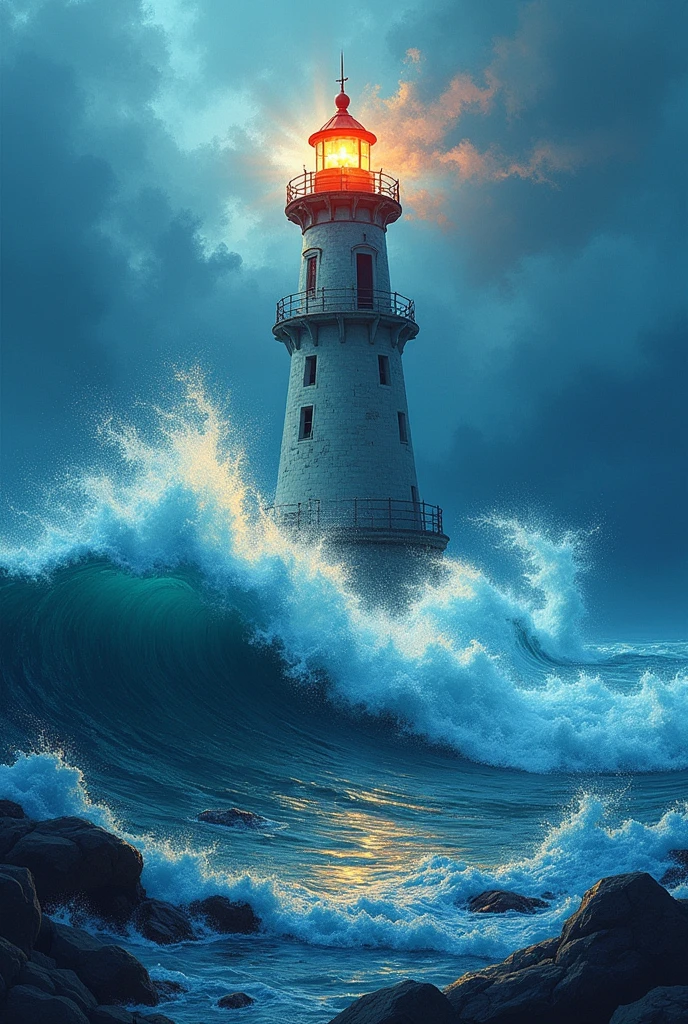 a masterpiece, Best Quality:1.5, (complicated:1.3, Highly Detailed CG Unity 8K Wallpapers), conceptual art, Pop art, Post-Impressionism, Lighthouse light, complicatedな波の表現