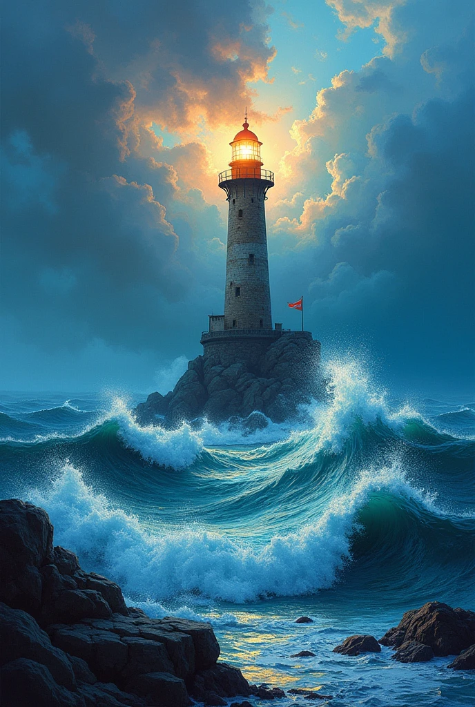 a masterpiece, Best Quality:1.5, (complicated:1.3, Highly Detailed CG Unity 8K Wallpapers), conceptual art, Pop art, Post-Impressionism, Lighthouse light, complicatedな波の表現