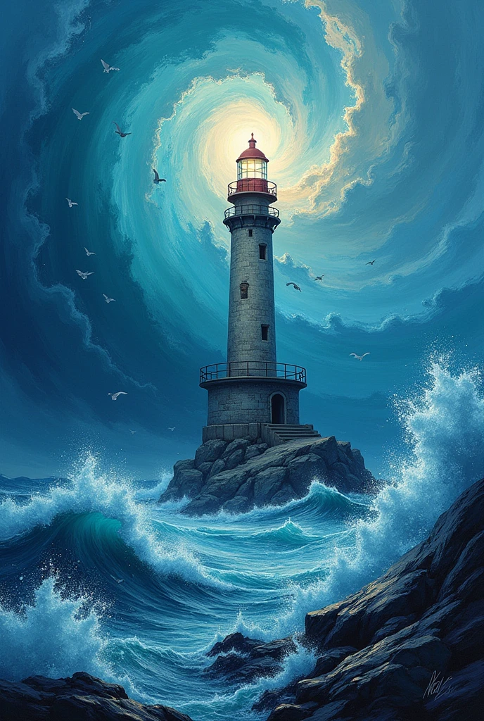 a masterpiece, Best Quality:1.5, (complicated:1.3, Highly Detailed CG Unity 8K Wallpapers), conceptual art, Pop art, Post-Impressionism, Lighthouse light, complicatedな波の表現