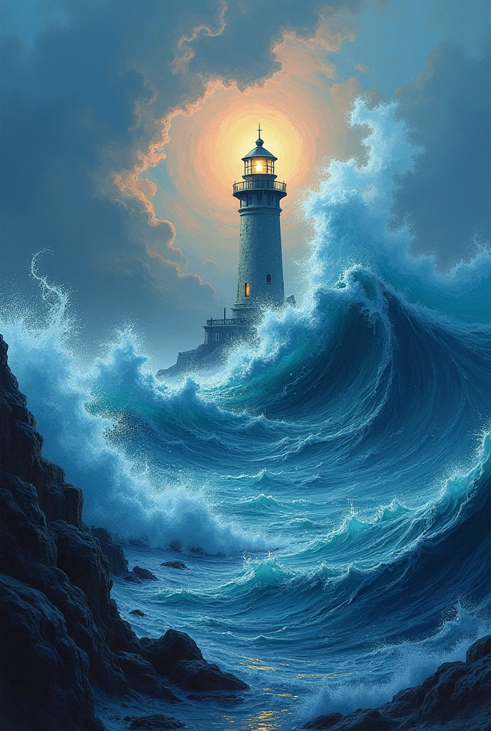 a masterpiece, Best Quality:1.5, (complicated:1.3, Highly Detailed CG Unity 8K Wallpapers), conceptual art, Pop art, Post-Impressionism, Lighthouse light, complicatedな波の表現