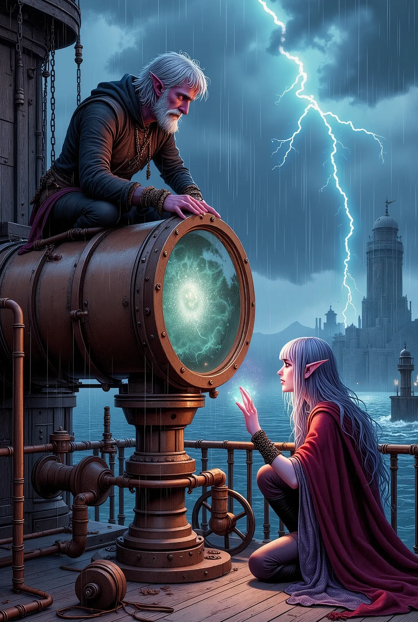 (Ultra-detailed face, Looking away, Fantasy Illustration with Gothic, Dark tone colors) BREAK (A young-aged dark elf woman and an elderly human man are on a balcony on the top floor of a lighthouse. A machine with a large glass lens as tall as a man can be seen.), BREAK (The human male has gray hair that is all back and soaked from the rain. He has dark, intelligent eyes and a frown on his face. He is climbing on top of a machine with a large glass lens, trying to remove parts. His black raincoat flutters in the strong wind and is drenched with water.), BREAK (The other is a middle-aged woman, a dark elf, with silver, blunt bangs and very long, messy hair, wet from the rain. Her lavender eyes look up at the old man at the top of the machine. She is balancing on one knee and holding a large blue-white crystal that emits a strong light. She wears a lacy crimson cape dress with a large red ribbon tie. She wears sandals with thin red laces woven into them.), BREAK (In the distance, a large thunderbolt strikes the surface of the sea, illuminating the thick rain clouds in the sky with a bluish-white light. A strong sideways wind is blowing and rain is falling like a waterfall. The interior of the lighthouse is an old and sturdy structure built of stone in the medieval Scandinavian style. The walls and ceiling are filled with copper pipes, valves, chains, gears, and other io-machinery.)