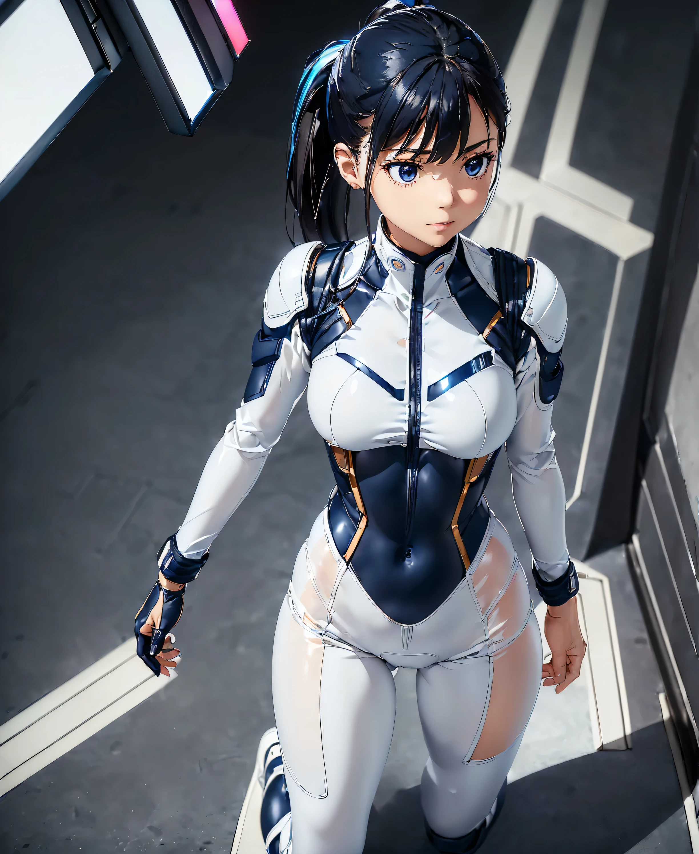 ((Holographic glow effect)),(masterpiece,Best Quality,Highest Resolution,Clear_image,Detailed details,The angle is from above): (solo,A girl alone,Japanese Faces,High knot ponytail,Dark blue hair girl,Small breasts,(Perfect body:1.4),Sparkling blue eyes,(White and navy blue pilot suit,White and navy blue zero suit,White and navy bodysuit,White and navy tight-fitting clothing,Wear full white and navy blue cover,White and navy thigh-covering pants,White and navy shoulder cover outfit,White and navy cropped jacket,White and navy shiny clothes,White and navy tight-fitting pants that hide the legs,Armor to hide the chest,Hide your shoulders),Very delicate and beautiful,Detailed Skin,Slim body,Exoskeleton,Cute,A gentle smile,Soft expression,heroine,White and navy blue long boots,Elbow-length gloves),Mirror-polished floor,inoue takina,cockpit,Mecha,mechanical body,Fantasy,ROMANCE,CIENTIFCA,TEEROR,COMICS,NFWS,hero,JK,Kneel