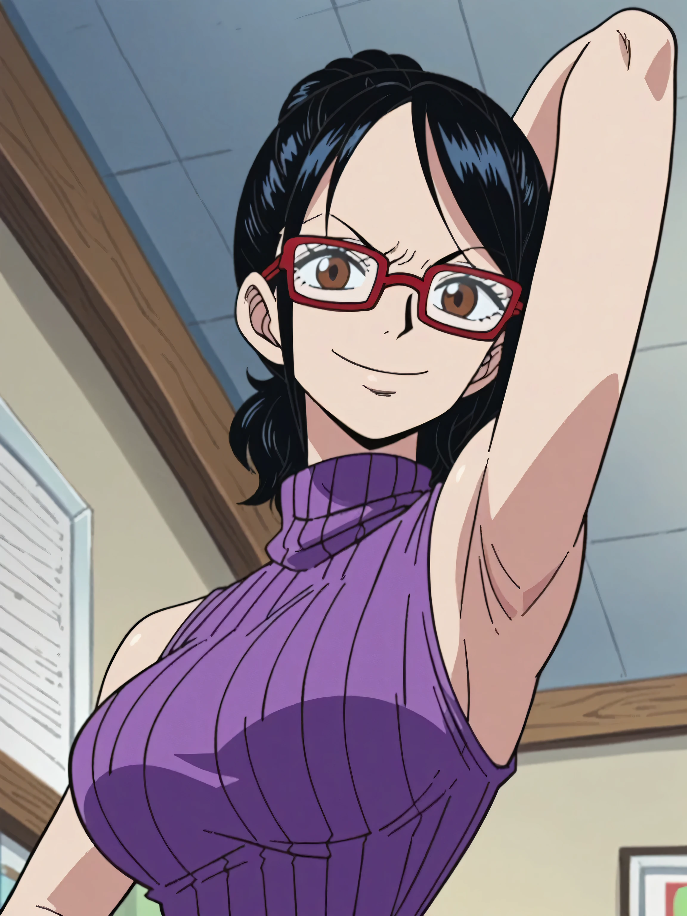 score_9, score_8_up, score_7_up, source_anime, anime screencap, one_piece_style, indoors, 1girl, solo, tashigiSDXL, large breasts, brown eyes, black hair, glasses, sweater, ribbed sweater, ribbed, turtleneck, turtleneck sweater, dark violet sweater, sleeveless sweater, sleeveless, looking at viewer, head towards viewer, arms up, raised arms, armpits, smile, closed mouth, confident 