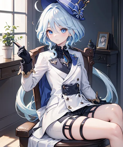 furina, blue eyes, blue hair, cowlick, ahoge, hair over one eye, light blue hair, short hair,
BREAK asymmetrical gloves, black gloves, frills, gloves, half gloves, hat, shorts, tailcoat, thigh strap, top hat, white gloves, white shorts,
BREAK looking at viewer,
BREAK indoors,
BREAK (masterpiece:1.2), best quality, high resolution, unity 8k wallpaper, (illustration:0.8), (beautiful detailed eyes:1.6), extremely detailed face, perfect lighting, extremely detailed CG, (perfect hands, perfect anatomy), Birthday Cake, Cake on table, looking at cake, 1girl, High Resolution, Best Quality, High Quality, Anime Style, 