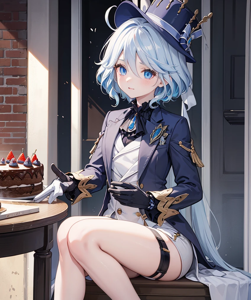 furina, blue eyes, blue hair, cowlick, ahoge, hair over one eye, light blue hair, short hair,
BREAK asymmetrical gloves, black gloves, frills, gloves, half gloves, hat, shorts, tailcoat, thigh strap, top hat, white gloves, white shorts,
BREAK looking at viewer,
BREAK indoors,
BREAK (masterpiece:1.2), best quality, high resolution, unity 8k wallpaper, (illustration:0.8), (beautiful detailed eyes:1.6), extremely detailed face, perfect lighting, extremely detailed CG, (perfect hands, perfect anatomy), Birthday Cake, Cake on table, looking at cake, 1girl, High Resolution, Best Quality, High Quality, Anime Style, 