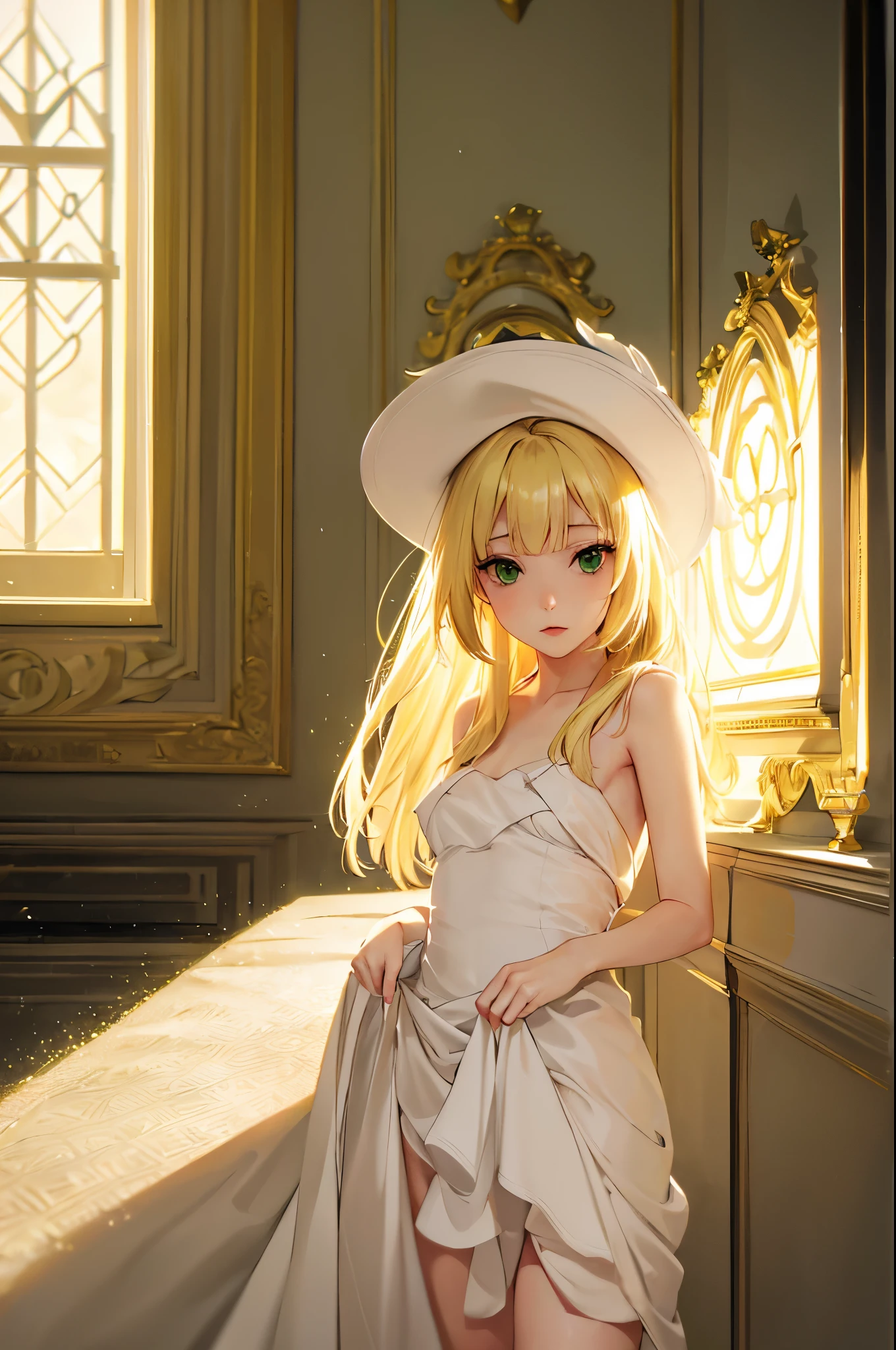 A blonde woman with green eyes, posing for the camera, formal white clothing, small hat, (best quality, 4k, high resolution, masterpiece:1.2), ultra-detailed, photorealistic, elegant posture, soft lighting, minimalistic background, warm color tones, sharp focus, stylish presentation, confident expression, creating a sense of sophistication