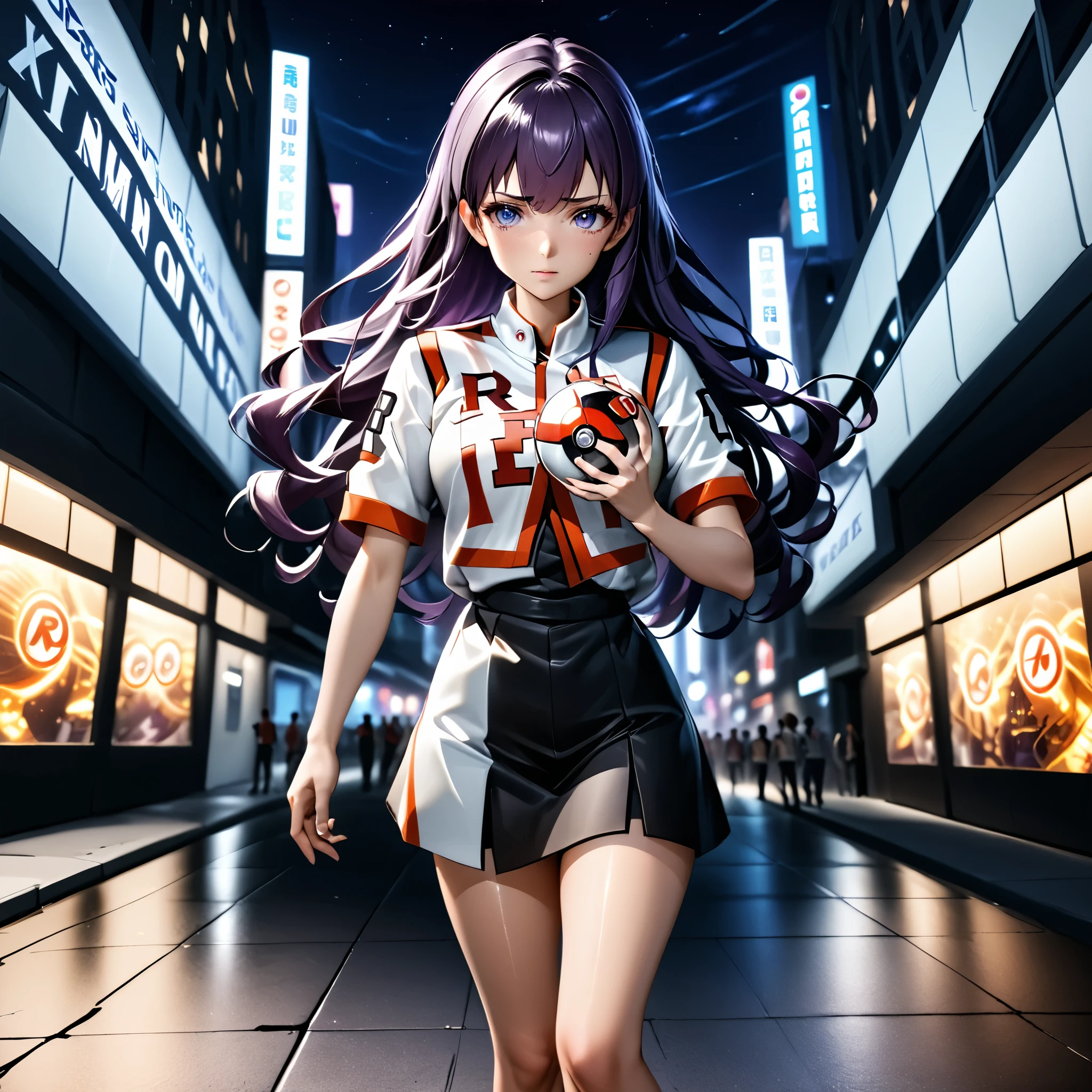 Masterpiece, 4k, HDR, full HD, (best quality), (ultra detailed), (only), (extremely delicate and beautiful fabric), super complex ANIME TYPE, best quality, 1girl, very expressive eyes, deep purple hair , hyper beautiful face, purple hair, perfect anatomy, shiny, oily skin, full body, alone (shiny purple hair, long hair), looking at viewer, bright blue eyes, perfect hands, perfect legs, super detailed clothes, intricate clothes, Team Rocket uniform. Standing in a city at night, with illuminated buildings in the background, look at the horizon. In one hand she holds a Pokéball, ready to execute some evil plan.