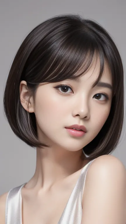 (uhd, masterpiece, anatomically correct, super detail, best quality, 8k)、hime cut hair、silky smooth black hair。a loosely-fitted ...