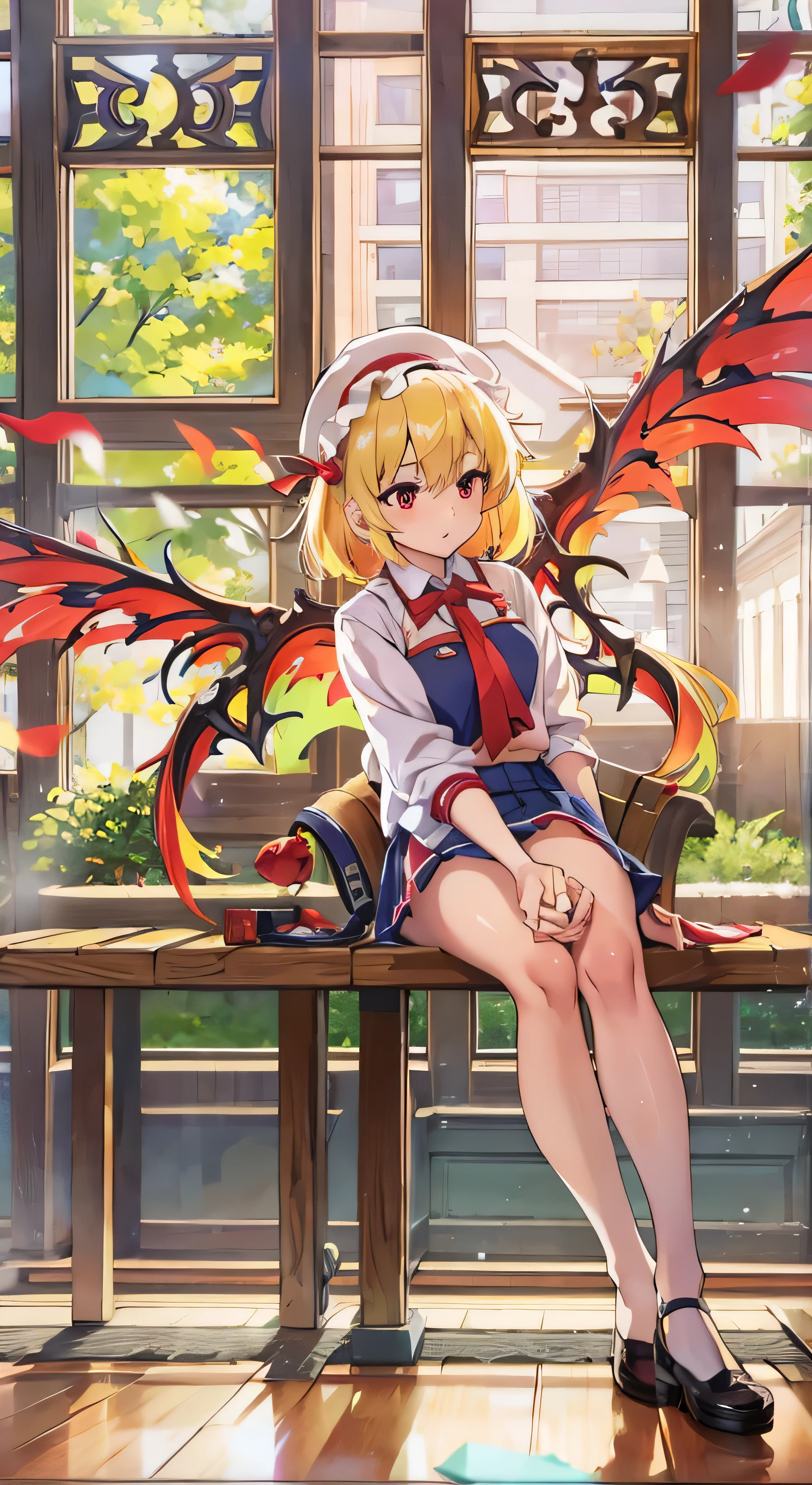 Oriental Project, Flandre Scarlet sitting on a park bench in her school uniform, Hands on hips, Light yellow hair, Warm lighting, A beautiful room in the foreground, cute, change, anime, 4K, Devil with wings, Shower cap, masterpiece, Full body high quality images