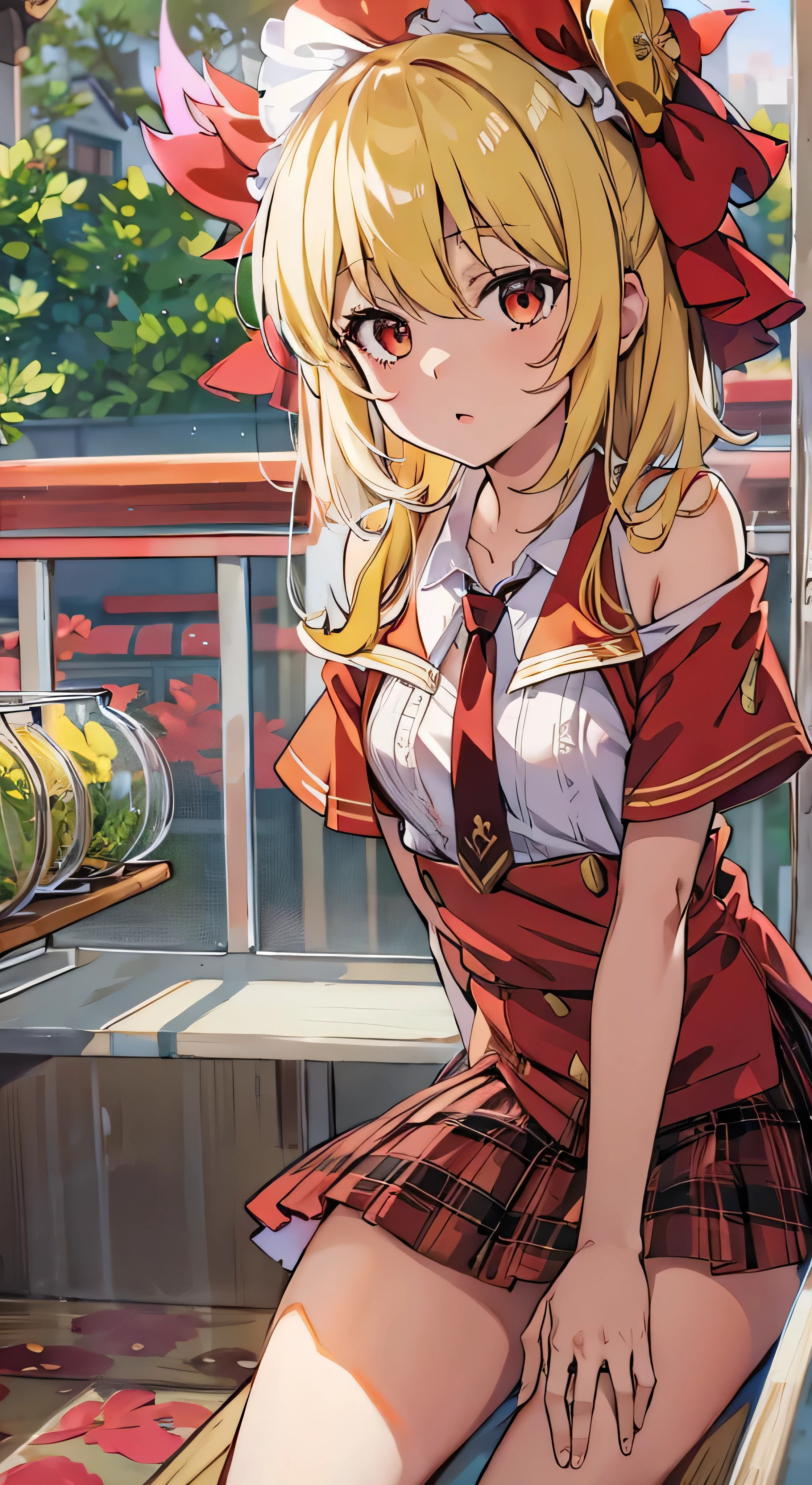 Oriental Project, Flandre Scarlet sitting on a park bench in her school uniform, Hands on hips, Light yellow hair, Warm lighting, A beautiful room in the foreground, cute, change, anime, 4K, Devil with wings, Shower cap, masterpiece, Full body high quality images