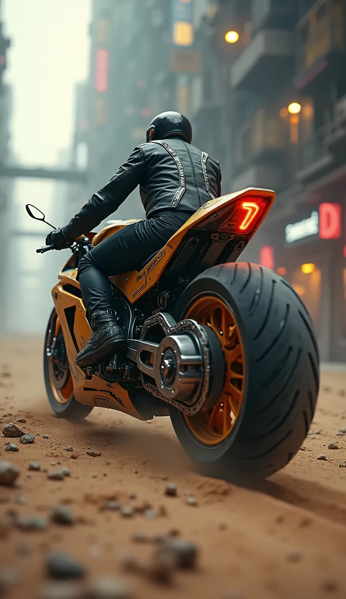 detailed cyberpunk motorcycle, futuristic motorcycle, Riding down the road, motorcycle seen from behind, 1 person driving motorcycle, Intricate details, High resolution, 8K, photorealisticic, hyper detailed, cinematic lighting, dynamic motion blur, sandy urban environment, neon lights, glowing cyber elements, Chrome accents, worn texture, Design inspired by highlights, complex machinery, industrial cityscape, melancholic color palette, (The best quality,4k,8K,High resolution,masterpiece:1.2),ultra detailed,sharp focus,(realistic,photorealistic,fotorrealistica:1.37), extremely fine,Intricate details,bright lighting,dramatic lighting,change of lighting,cinematic lighting,chiaroscuro lighting,dramatic shadows,dramatic moments,bright colors,,Deep contrast,cinematic depth of field,film composition,cinematic camera angle