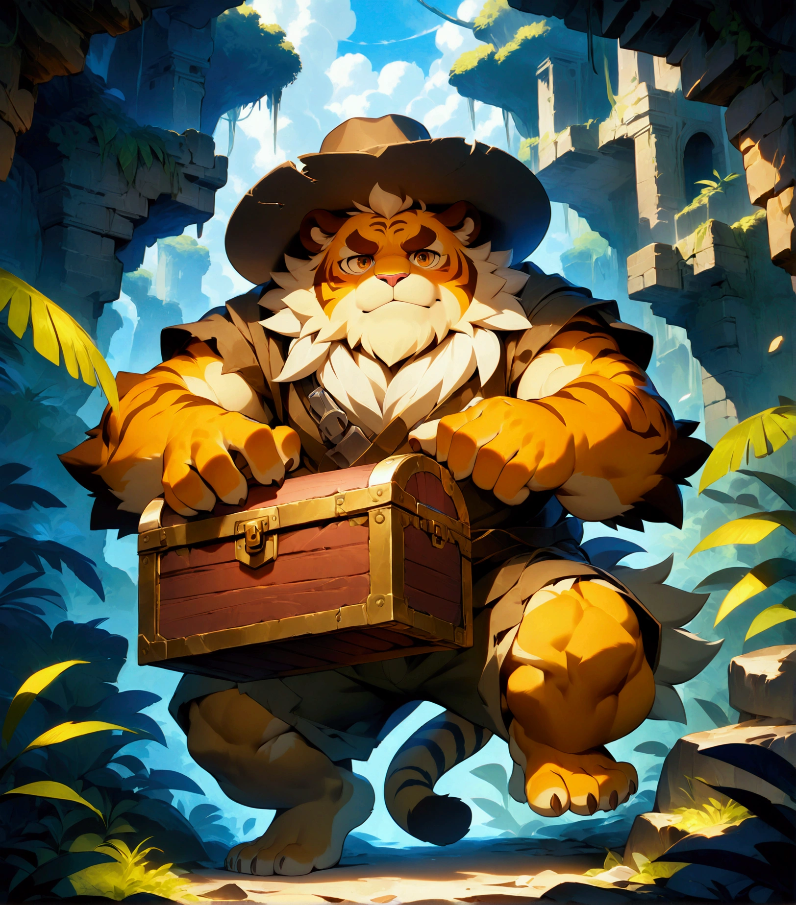 treasure hunter, a plump middle-aged tiger man, full body in Michelangelo Buonarroti style, digital illustration anime, character focus, full body, looking away, dynamic angle, BREAK clothed, costume, hat, half pants, holding treasure chest, run away, running through a forest, dynamic pose, detailed painting landscape, jungle ruins, outdoor, BREAK complete anatomy, perfect proportions, beautiful thigh gap, fluffy body, intricate fur details, beautiful fur texture, BREAK detailed tiger tail, detailed toe, 5toes, 5toes nails, beautiful foot, detailed hands, 5fingers, 5fingers nails, BREAK aesthetic anime face, insanity detailed face, male face, big face, square jawline, aesthetic anime eyes, detailed brown eyes, detailed brown cornea, detailed dark brown irises, detailed pupils, male eyes, big eyes, male eyebrows, innocent look, beautiful beard, BREAK masterpiece, official art, best quality, very aesthetic, absurdres, super fine illustration, great quality, BREAK noise reduction, very highres, large filesize, high quality, 32K, 8k wallpaper, dynamic lighting, BREAK insanity detailed, ultra detailed, intricate details, extremely detailed, detailed texture, an extremely delicate and beautiful, full color, HDR, BREAK e621 tag, Fur Affinity illustration, osukemo, kemohomo, anthropomorphic, furry, cartoon, harmonious eyes, pastoral face, virtuous body, epic atmosphere 