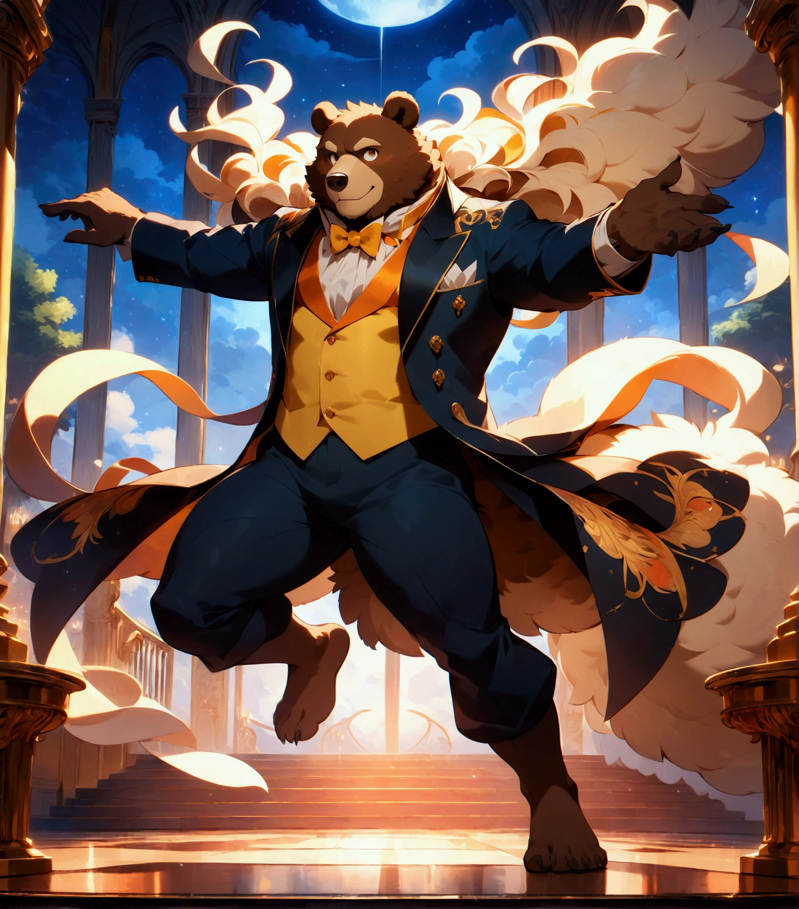 masquerade, a plump middle-aged bear man, light smile, flamboyant, pants, beautiful mask, tailcoat, dancing, detailed painting landscape, moonlit night, grand ballroom, indoor, BREAK full body in Michelangelo Buonarroti style, digital illustration anime, character focus, full body, looking away, dynamic angle,BREAK complete anatomy, perfect proportions, beautiful thigh gap, fluffy body, intricate fur details, beautiful fur texture, BREAK detailed bear tail, detailed toe, 5toes, 5toes nails, beautiful foot, detailed hands, 5fingers, 5fingers nails, BREAK aesthetic anime face, insanity detailed face, male face, big face, square jawline, aesthetic anime eyes, detailed brown eyes, detailed brown cornea, detailed dark brown irises, detailed pupils, male eyes, big eyes, male eyebrows, innocent look, beautiful beard, BREAK masterpiece, official art, best quality, very aesthetic, absurdres, super fine illustration, great quality, BREAK noise reduction, very highres, large filesize, high quality, 32K, 8k wallpaper, dynamic lighting, BREAK insanity detailed, ultra detailed, intricate details, extremely detailed, detailed texture, an extremely delicate and beautiful, full color, HDR, BREAK e621 uncut Fur Affinity illustration, osukemo, kemohomo, anthropomorphic, furry, cartoon, harmonious eyes, pastoral face, virtuous body, epic atmosphere