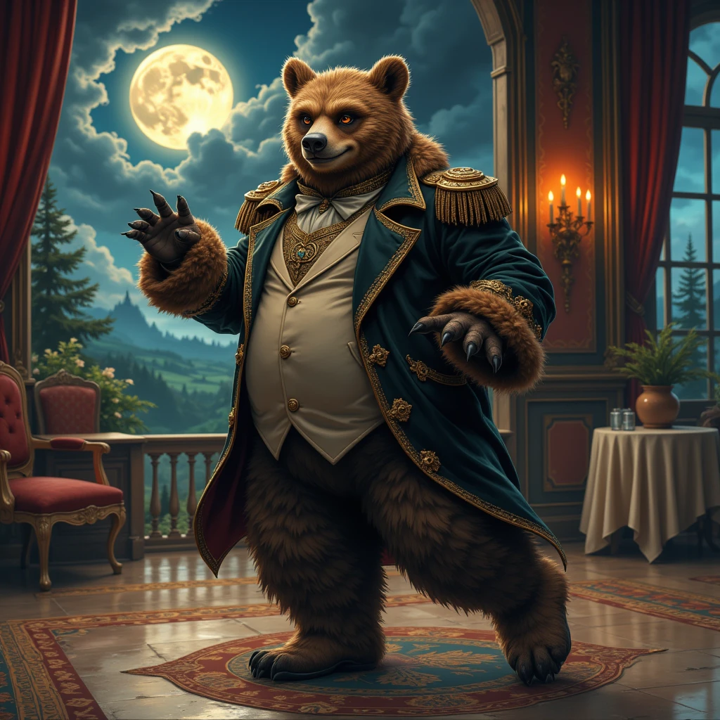 masquerade, a plump middle-aged bear man, light smile, flamboyant, pants, beautiful mask, tailcoat, dancing, detailed painting landscape, moonlit night, grand ballroom, indoor, BREAK full body in Michelangelo Buonarroti style, digital illustration anime, character focus, full body, looking away, dynamic angle, niji6, BREAK complete anatomy, perfect proportions, beautiful thigh gap, fluffy body, intricate fur details, beautiful fur texture, BREAK detailed bear tail, detailed toe, 5toes, 5toes nails, beautiful foot, detailed hands, 5fingers, 5fingers nails, BREAK aesthetic anime face, insanity detailed face, male face, big face, square jawline, aesthetic anime eyes, detailed brown eyes, detailed brown cornea, detailed dark brown irises, detailed pupils, male eyes, big eyes, male eyebrows, innocent look, beautiful beard, BREAK masterpiece, official art, best quality, very aesthetic, absurdres, super fine illustration, great quality, BREAK noise reduction, very highres, large filesize, high quality, 32K, 8k wallpaper, dynamic lighting, BREAK insanity detailed, ultra detailed, intricate details, extremely detailed, detailed texture, an extremely delicate and beautiful, full color, HDR, BREAK e621 uncut Fur Affinity illustration, osukemo, kemohomo, anthropomorphic, furry, cartoon, harmonious eyes, pastoral face, virtuous body, epic atmosphere