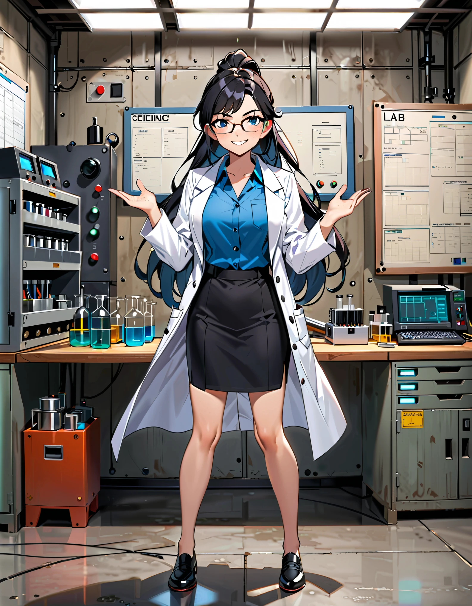 masterpiece, best quality, 1girl, solo, tall body, scientist, mad scientist, (white lab coat), pencil skirt, shoes, (dress shirt, blue shirt), glasses, black hair, ponytail, long hair, hazel eyes, freckles, scheming pose, professional, laboratory backdrop, cowboy shot, bunker, evil grin, full body costume design