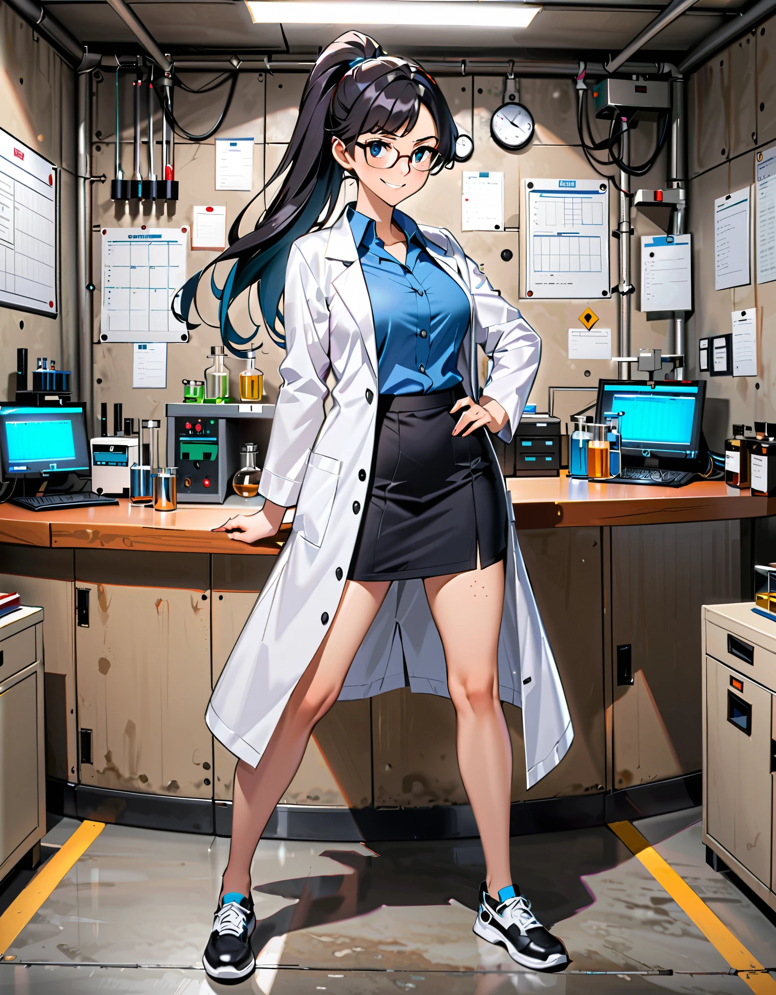 masterpiece, best quality, 1girl, solo, tall body, scientist, mad scientist, (white lab coat), pencil skirt, shoes, (dress shirt, blue shirt), glasses, black hair, ponytail, long hair, hazel eyes, freckles, scheming pose, professional, laboratory backdrop, cowboy shot, bunker, evil grin, full body costume design