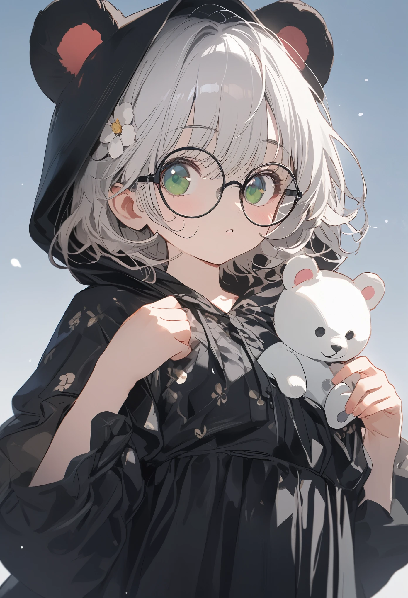 1girl\(cute, kid, white skin, pale skin,(wearing ((simple)) black hood:1.4),(black robe\(hood,white embroidery flower pattern, at edge\):1.3), ((white frilly dress)), (wearing black glasses:1.4), (((green eyes))), black boots, white hair, bangs, short bob hair, holding teddybear\(brown,fluffy\),dynamic pose\), BREAK ,isometric view, BREAK ,quality\(masterpiece, best quality,8k,wallpaper of extremely detailed CG unit, high resolution, top-quality, top-quality real texture skin, hyper realistic, increase the resolution, RAW photos, best quality, highly detailed, the wallpaper,golden ratio\),dynamic angle